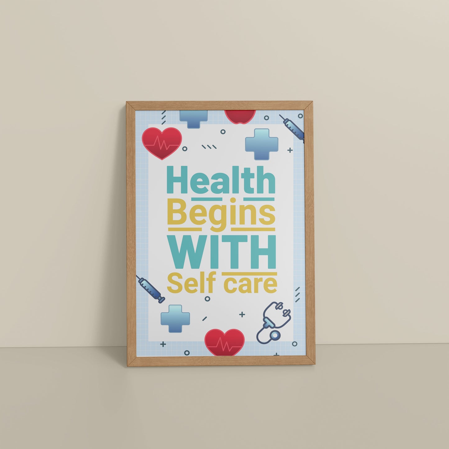 Floor View of Health Begins with Self Care Inspirational Quote Photo Frame in Natrual Color Frame