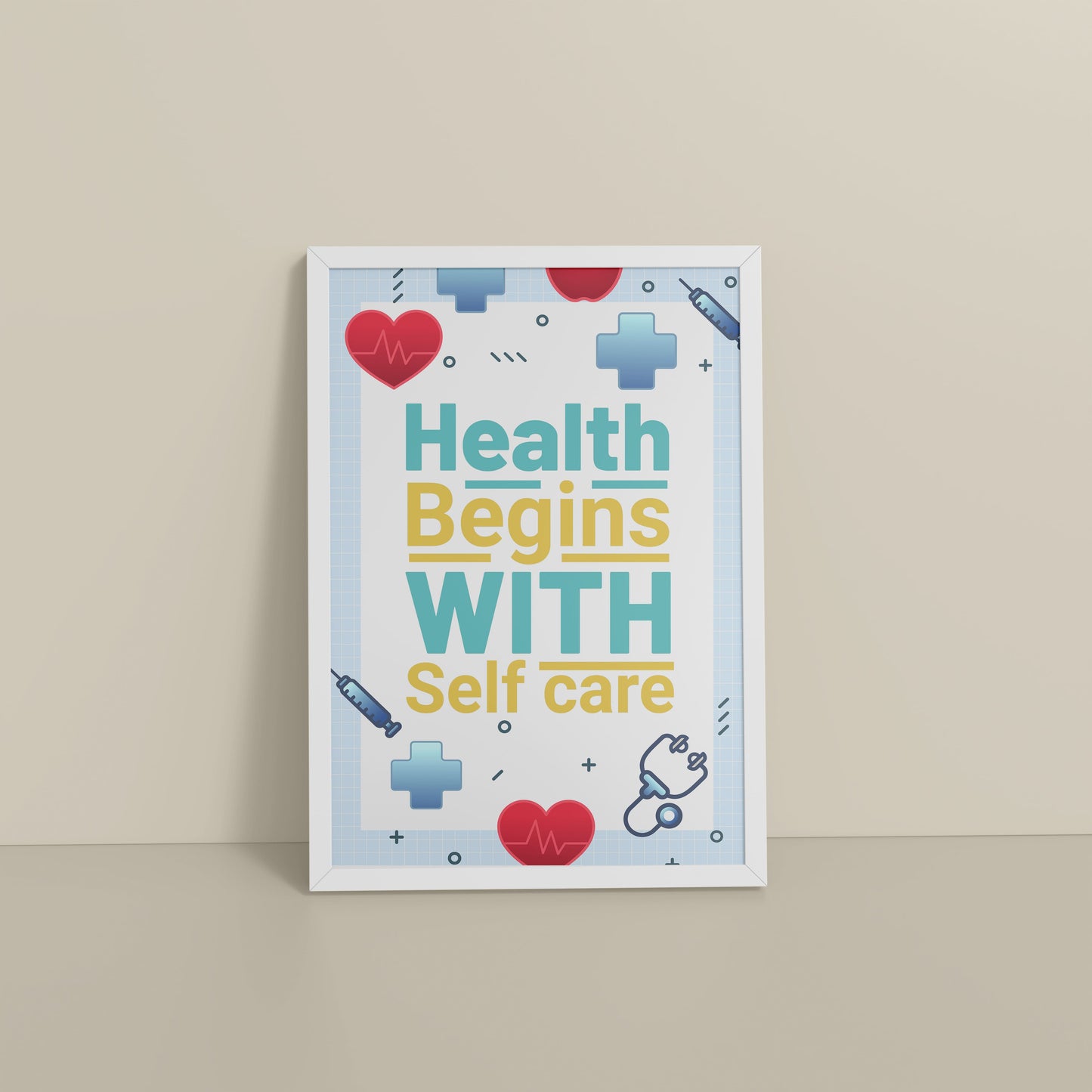 Floor View of Health Begins with Self Care Inspirational Quote Photo Frame in White Color Frame