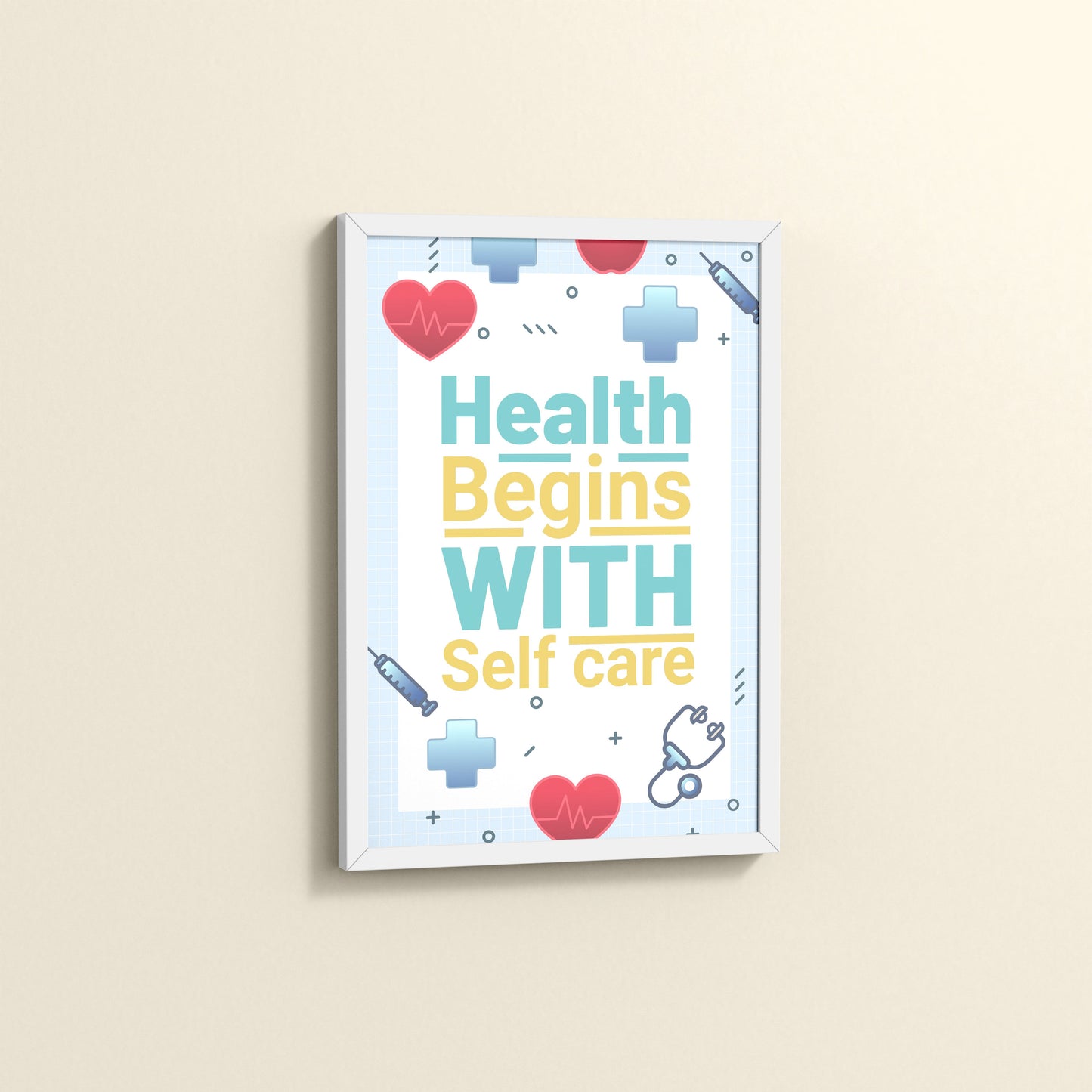 Side View of Health Begins with Self Care Inspirational Quote Photo Frame in White Color Frame