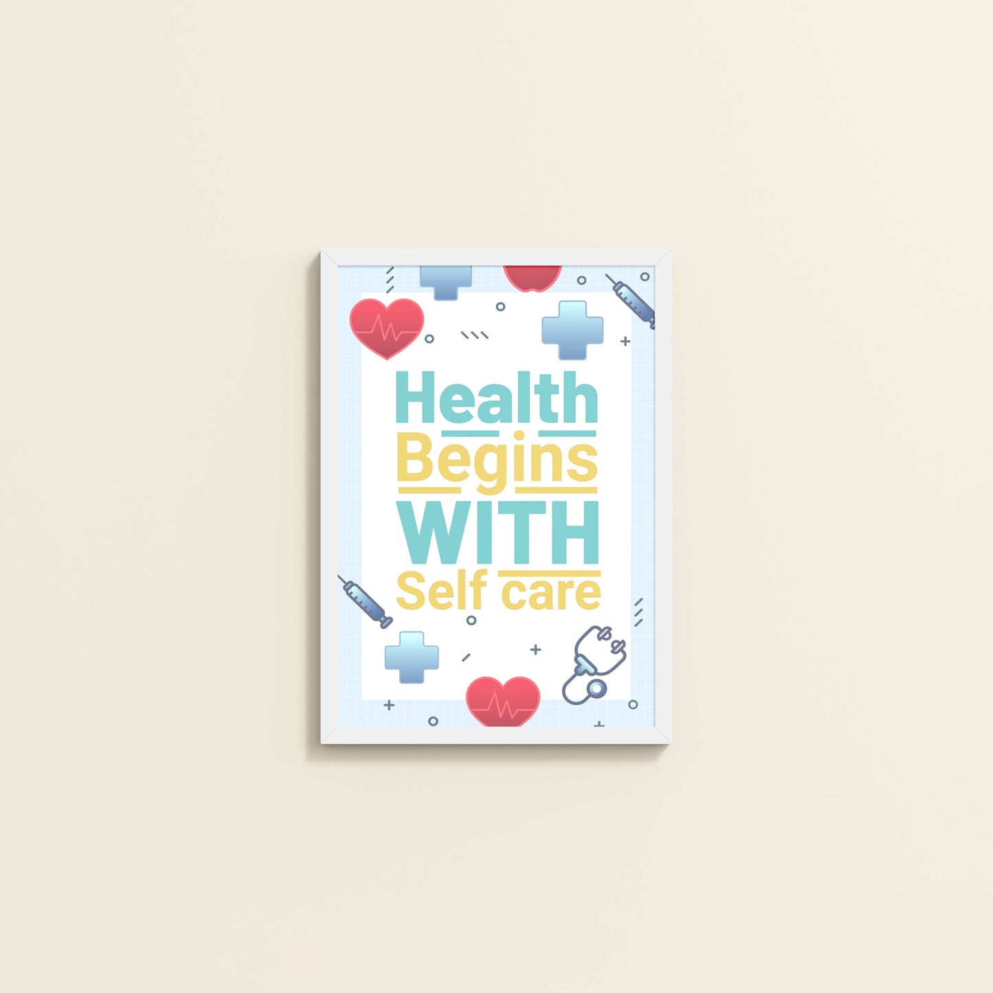 Wall View of Health Begins with Self Care Inspirational Quote Photo Frame in White Color Frame