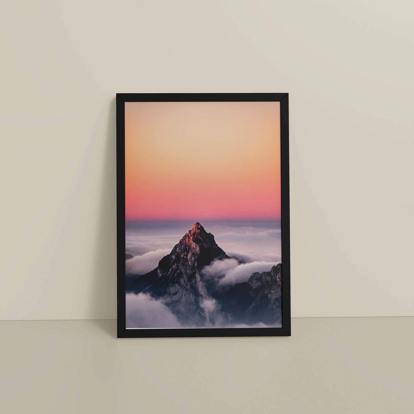 Floor View of Heaven’s Edge – Mountain Summit above the Clouds in Frame in Black Color Frame