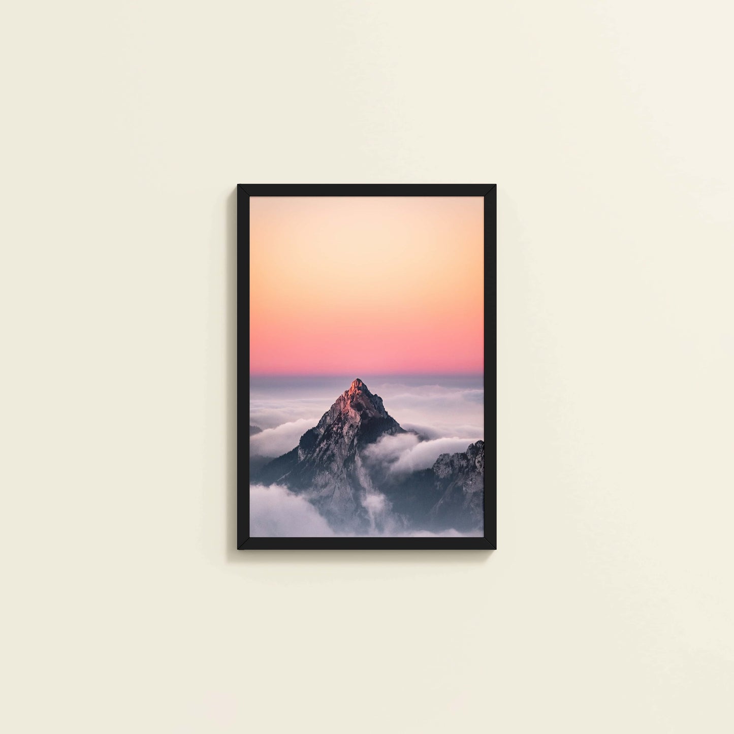 Wall View of Heaven’s Edge – Mountain Summit above the Clouds in Frame in Black Color Frame