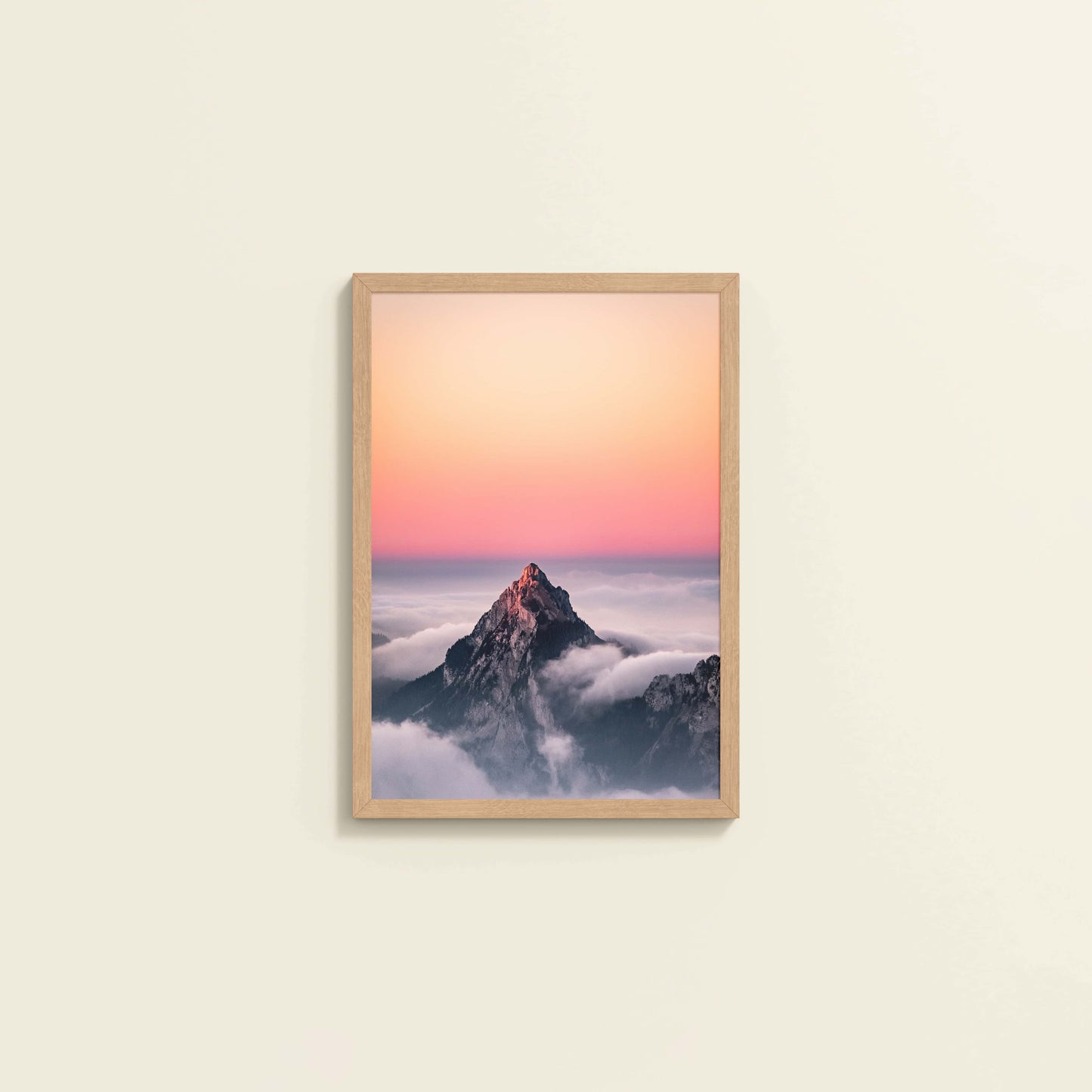 Wall View of Heaven’s Edge – Mountain Summit above the Clouds in Frame in Natrual Color Frame