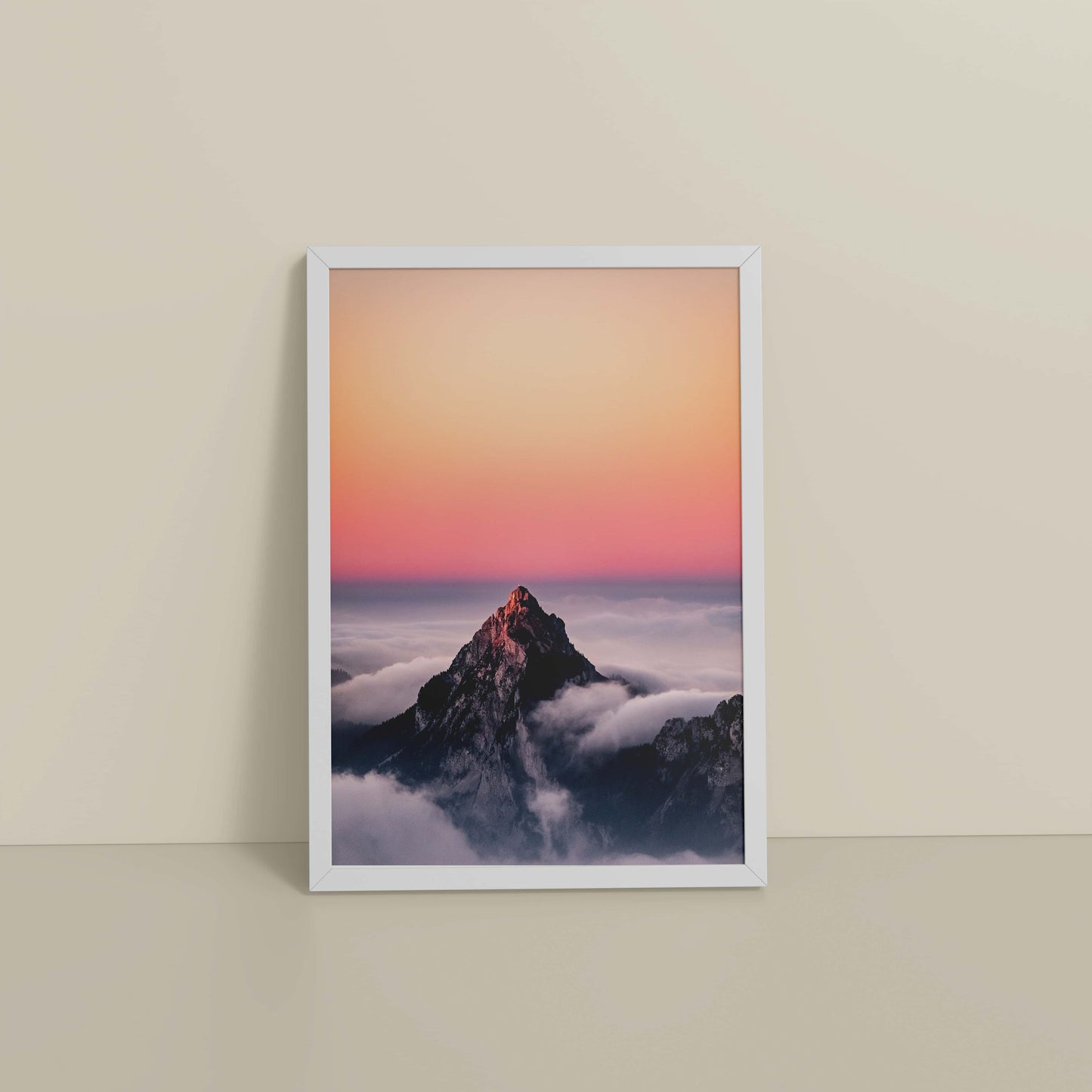 Floor View of Heaven’s Edge – Mountain Summit above the Clouds in Frame in White Color Frame