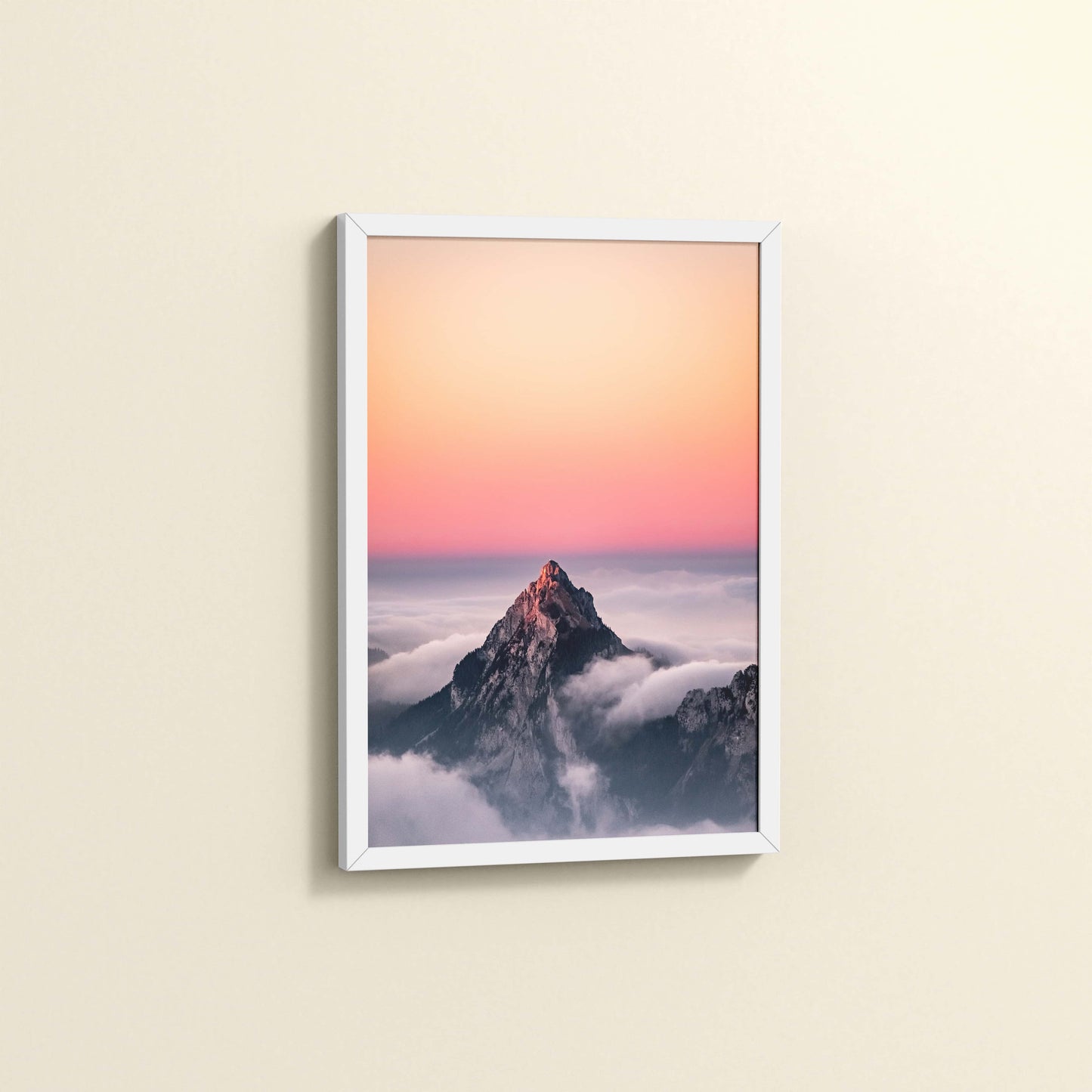 Side View of Heaven’s Edge – Mountain Summit above the Clouds in Frame in White Color Frame