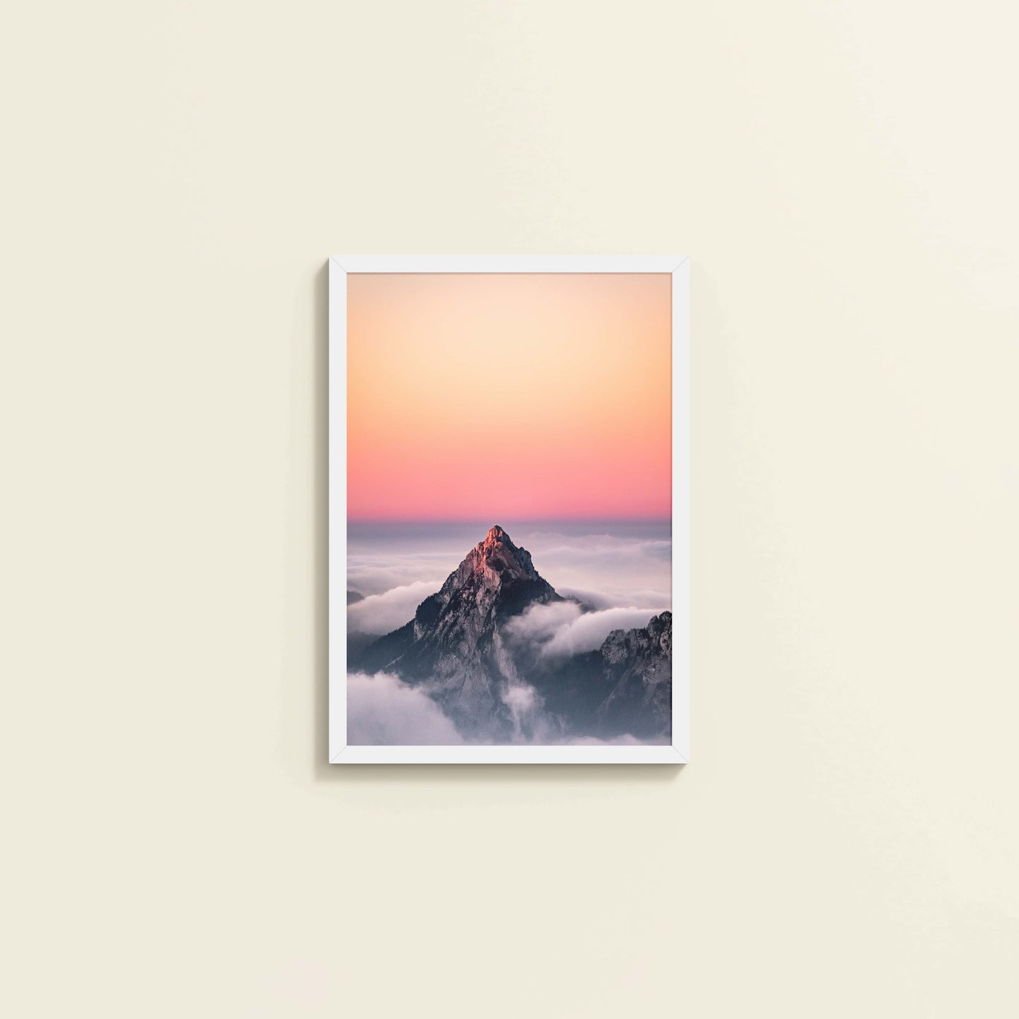 Wall View of Heaven’s Edge – Mountain Summit above the Clouds in Frame in White Color Frame