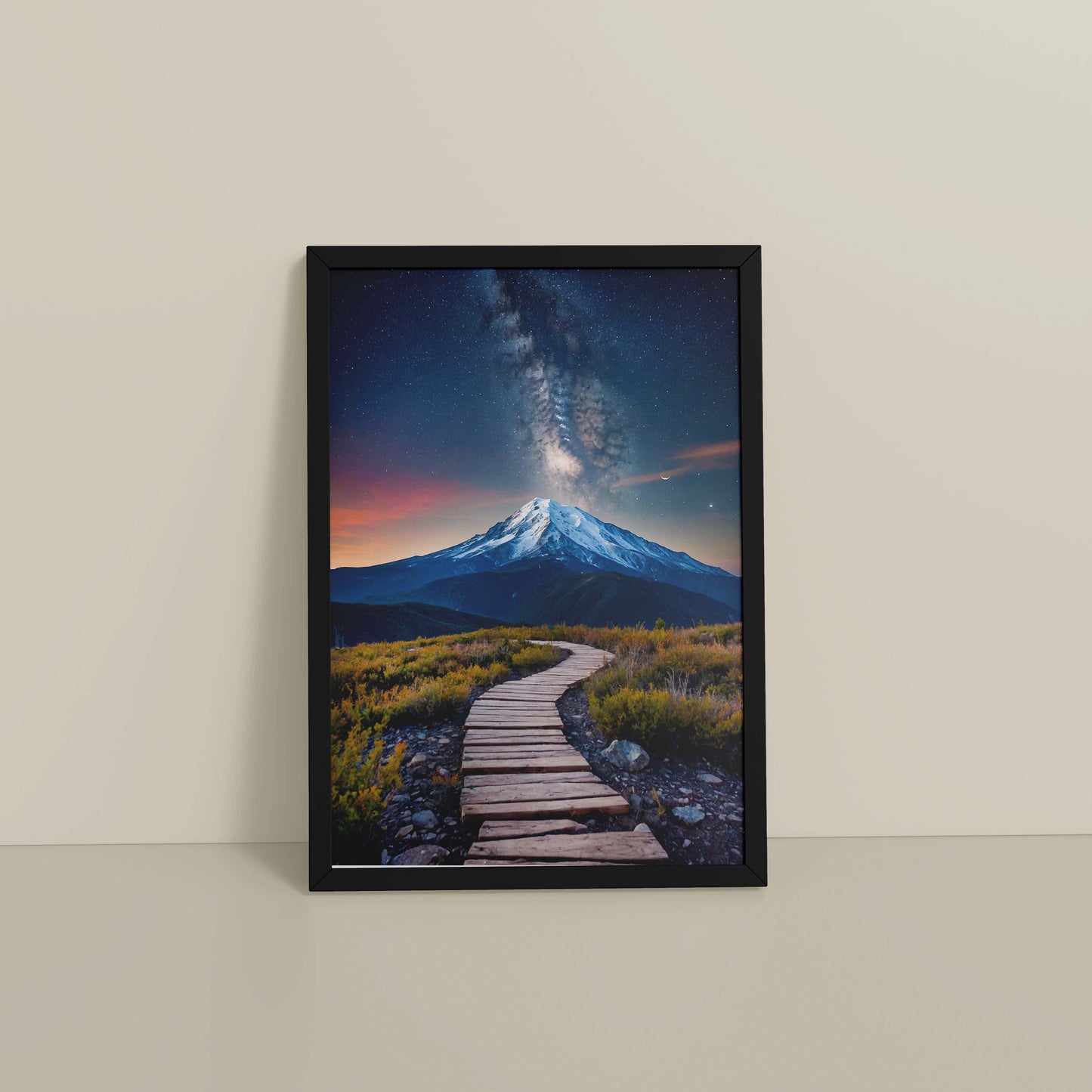 Floor View of Path to the Peak – Snowcapped Summit Wall Art in Black Color Frame