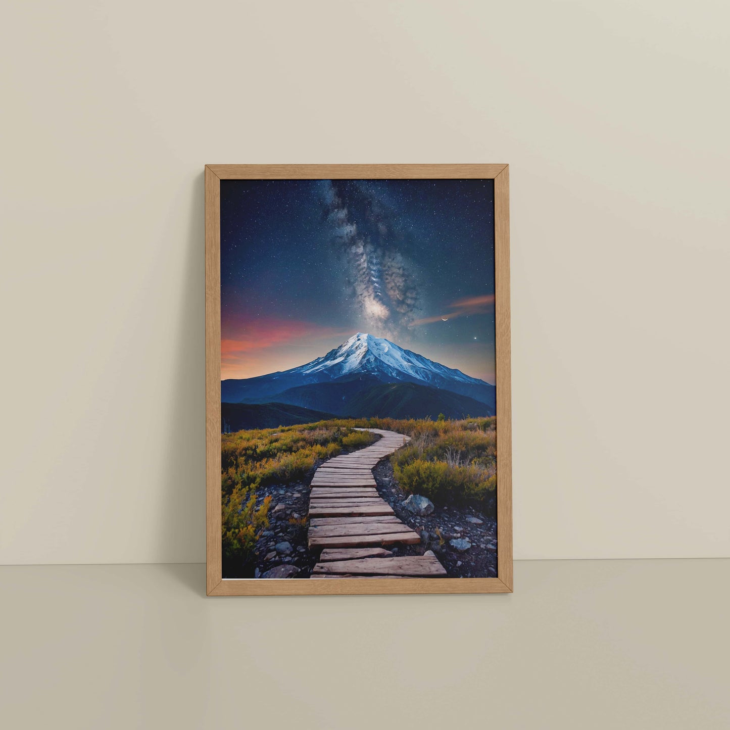 Floor View of Path to the Peak – Snowcapped Summit Wall Art in Natrual Color Frame