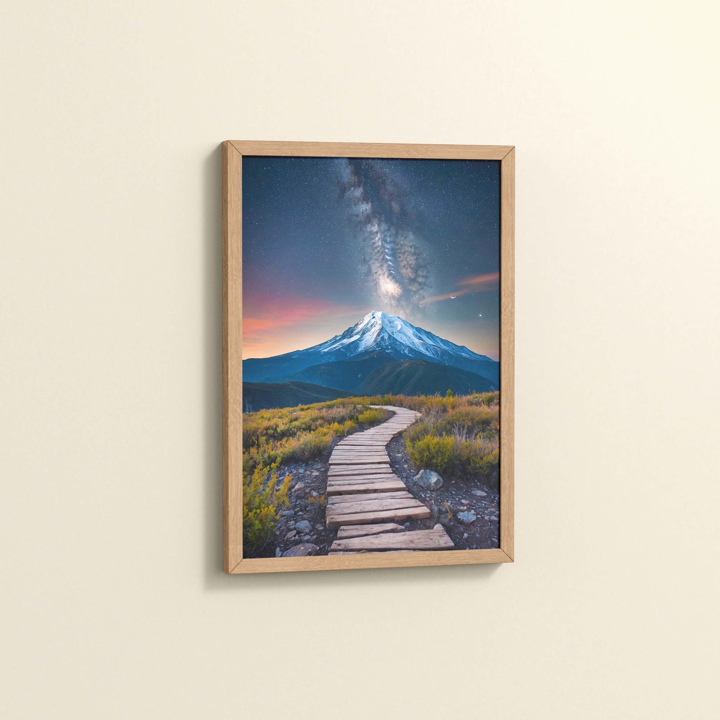 Side View of Path to the Peak – Snowcapped Summit Wall Art in Natrual Color Frame