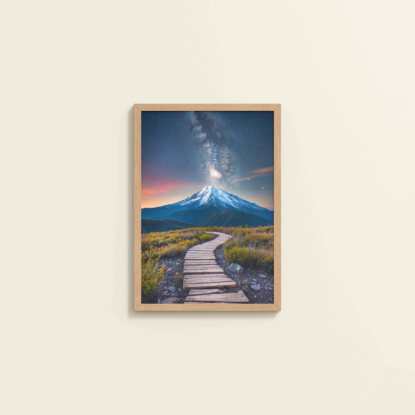 Wall View of Path to the Peak – Snowcapped Summit Wall Art in Natrual Color Frame