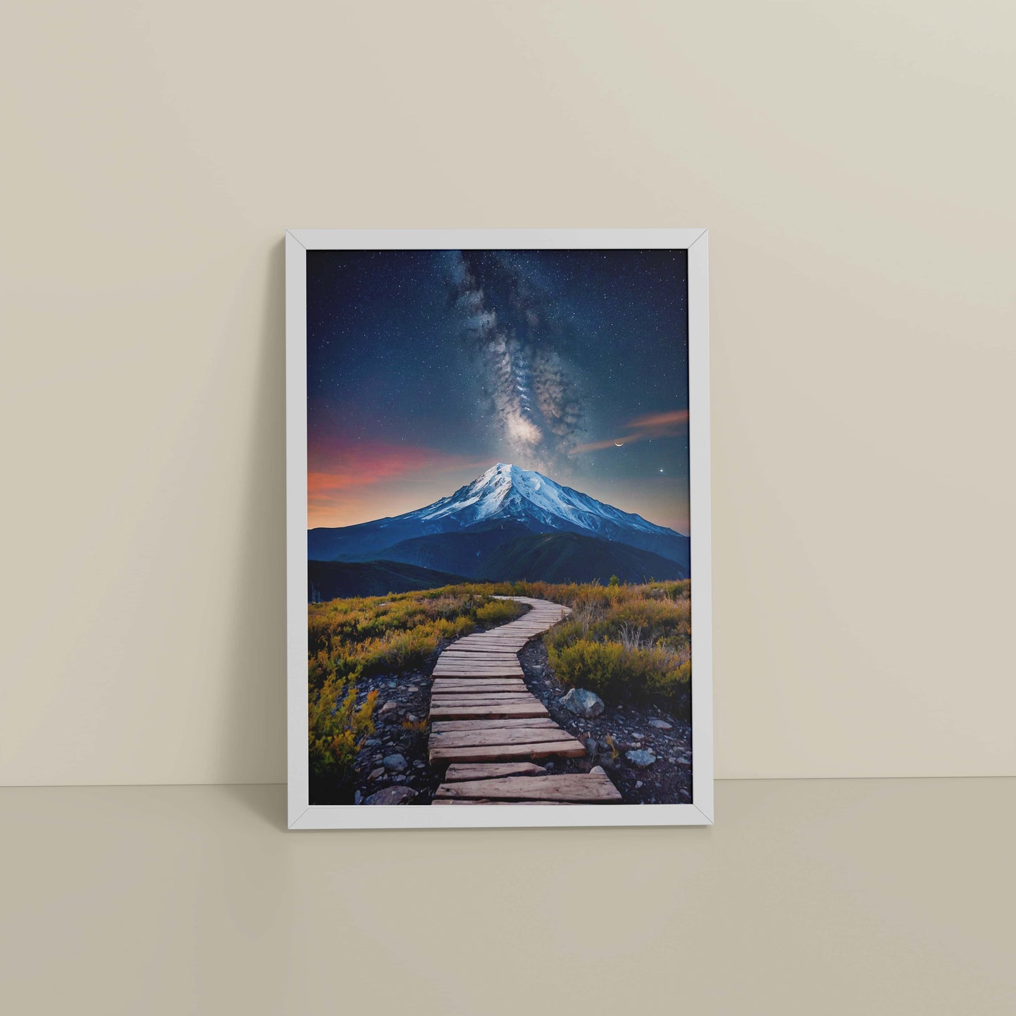 Floor View of Path to the Peak – Snowcapped Summit Wall Art in White Color Frame