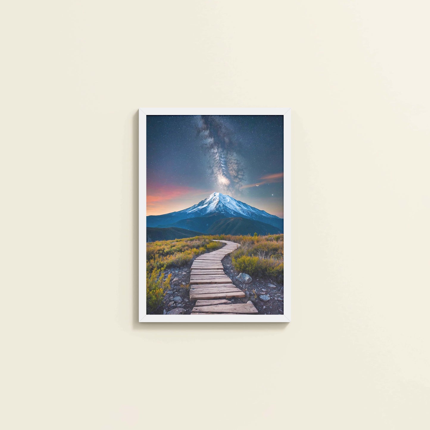 Wall View of Path to the Peak – Snowcapped Summit Wall Art in White Color Frame