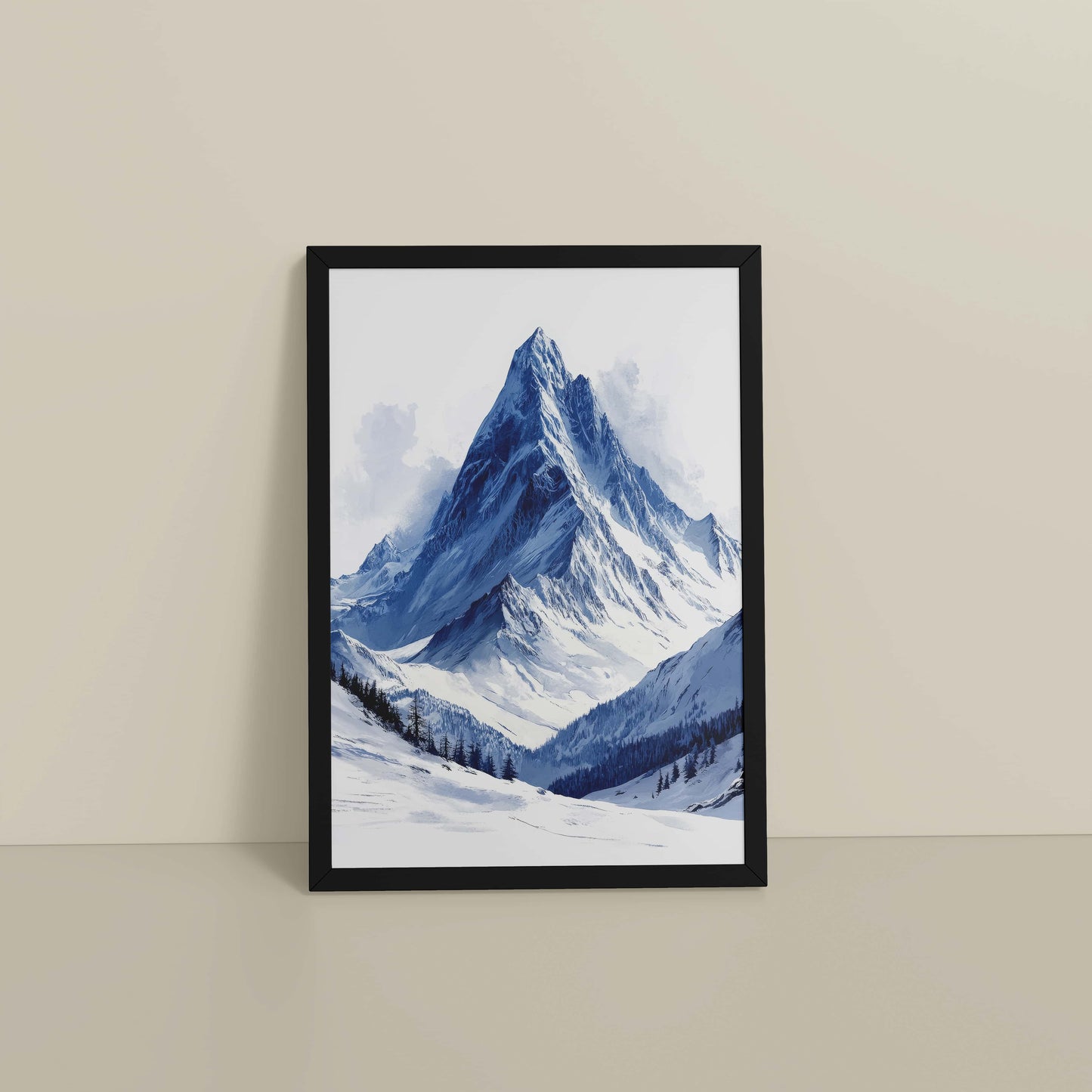 Floor View of Winter Majesty – Snowy Mountain Peak in Wall Decor in Black Color Frame