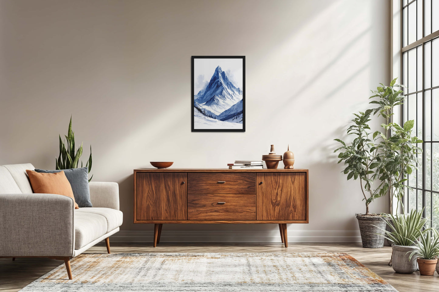 Living Room Sofa Preview of Winter Majesty – Snowy Mountain Peak in Wall Decor in Black Color Frame