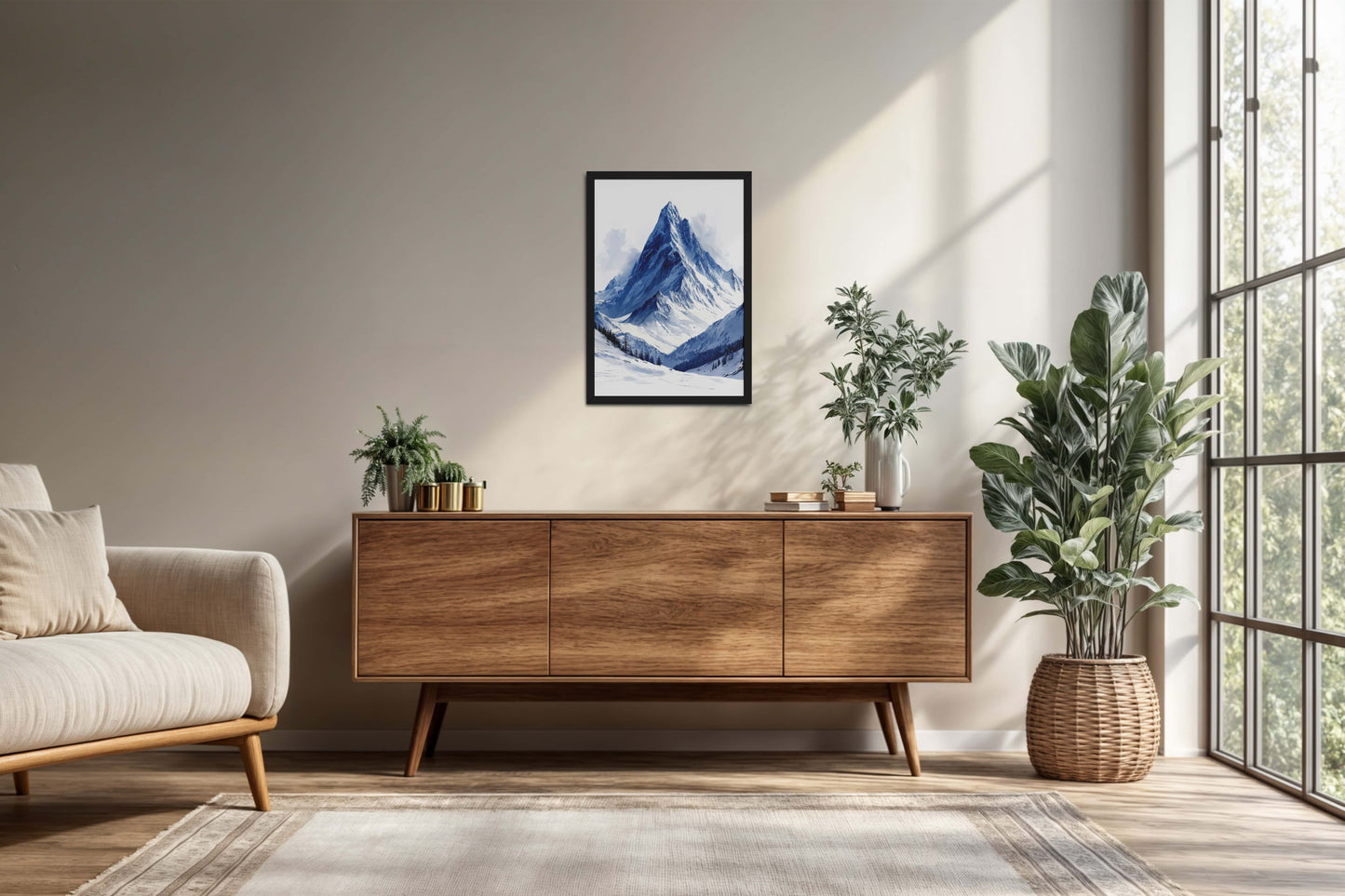 Living Room Cabinet Preview of Winter Majesty – Snowy Mountain Peak in Wall Decor in Black Color Frame