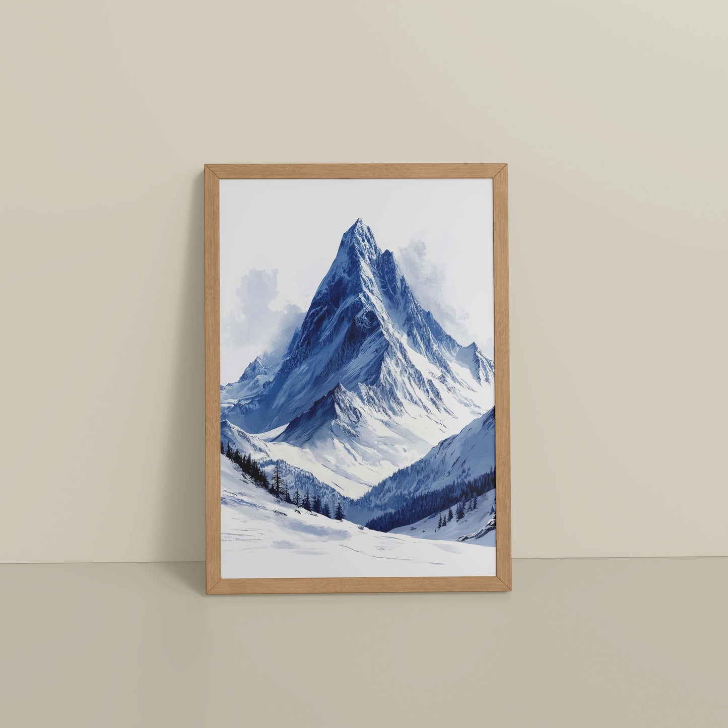 Floor View of Winter Majesty – Snowy Mountain Peak in Wall Decor in Natrual Color Frame