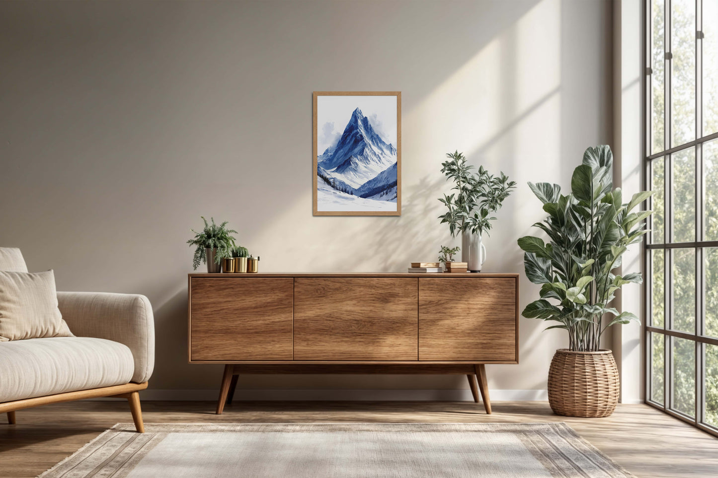 Living Room Cabinet Preview of Winter Majesty – Snowy Mountain Peak in Wall Decor in Natrual Color Frame