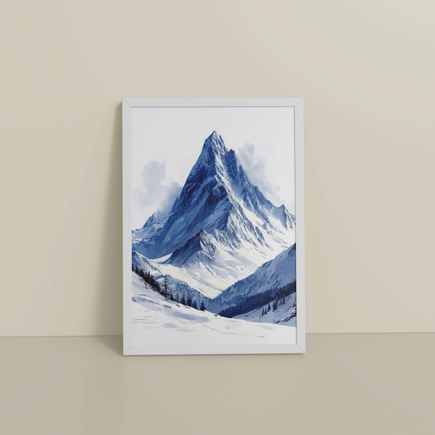 Floor View of Winter Majesty – Snowy Mountain Peak in Wall Decor in White Color Frame