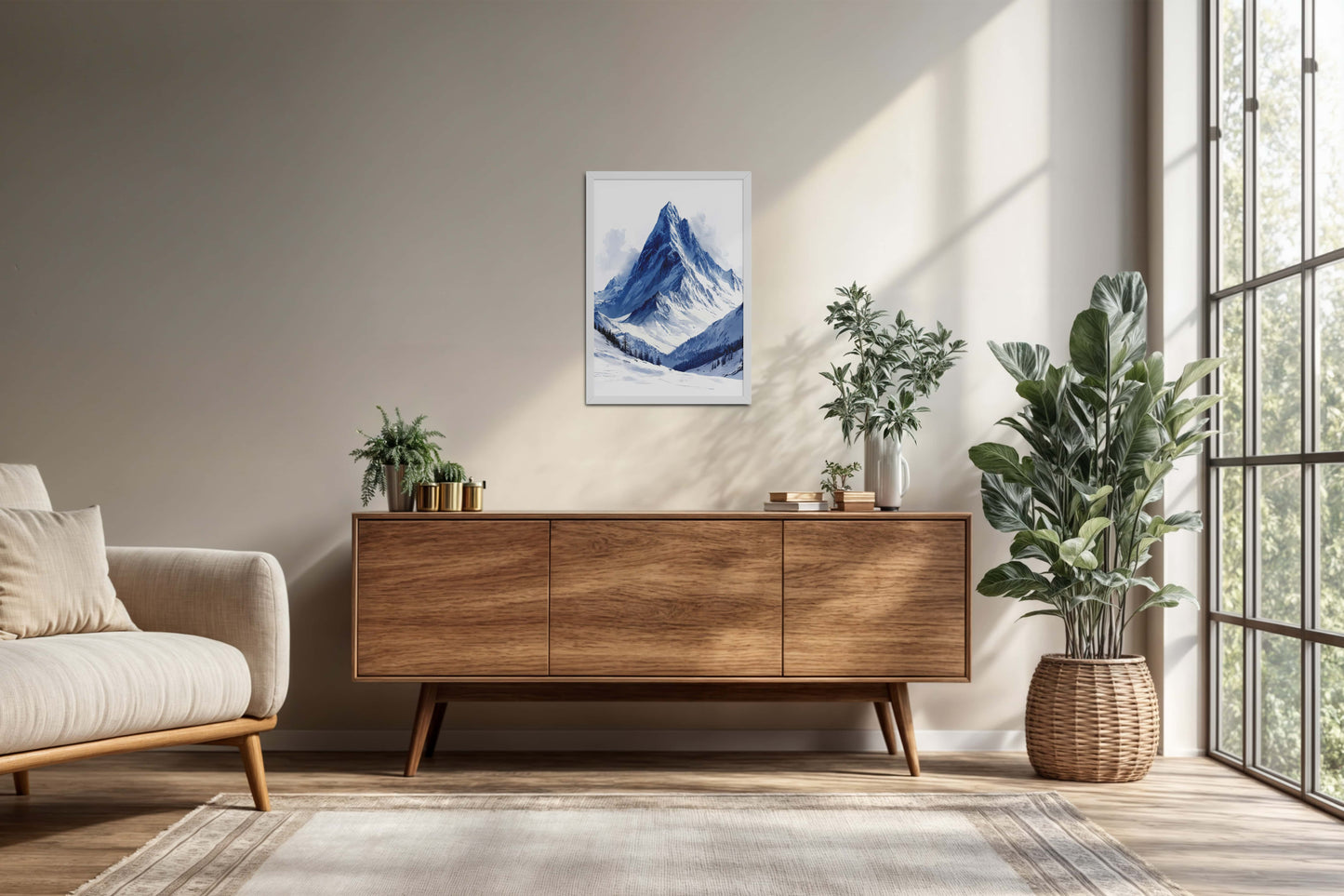 Living Room Cabinet Preview of Winter Majesty – Snowy Mountain Peak in Wall Decor in White Color Frame