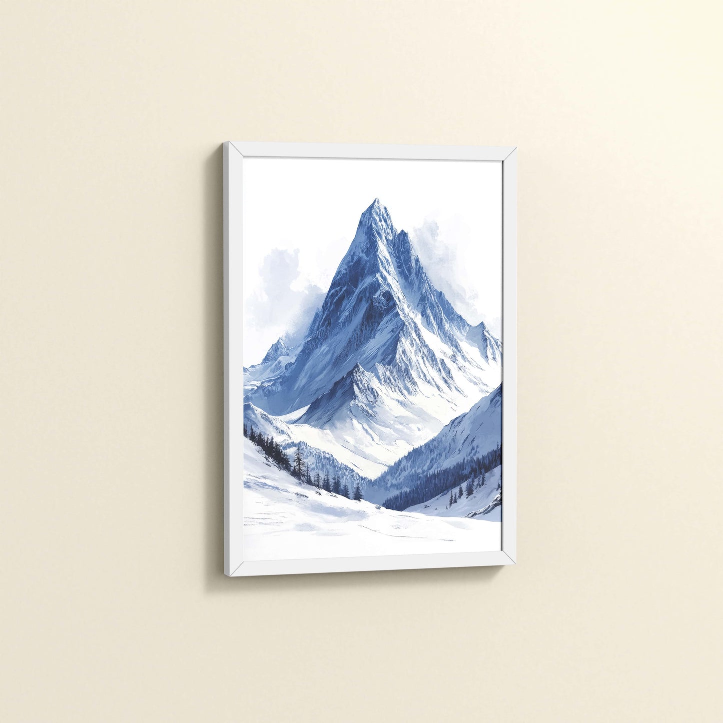 Side View of Winter Majesty – Snowy Mountain Peak in Wall Decor in White Color Frame