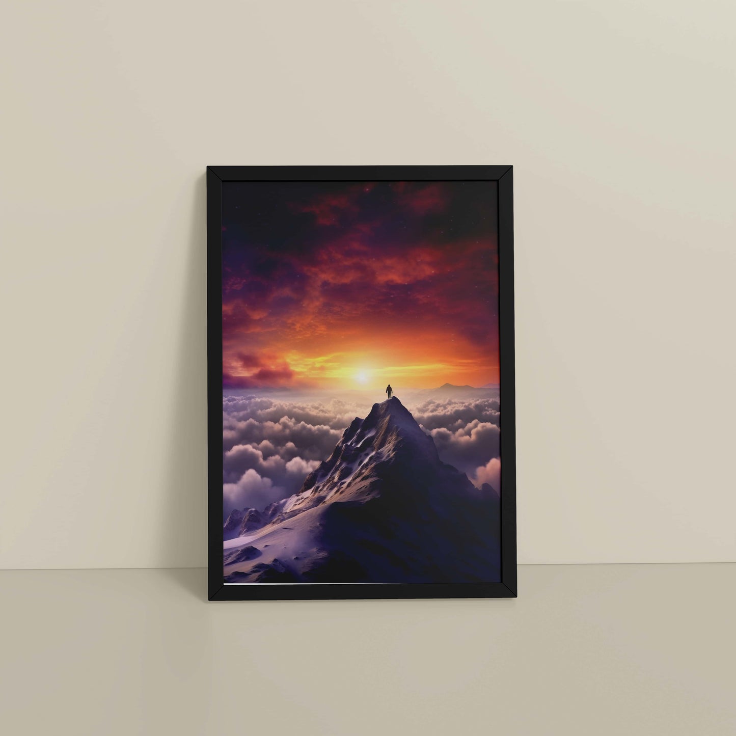 Floor View of Man Standing on Mountain Peak Wall Art Frame in Black Color Frame
