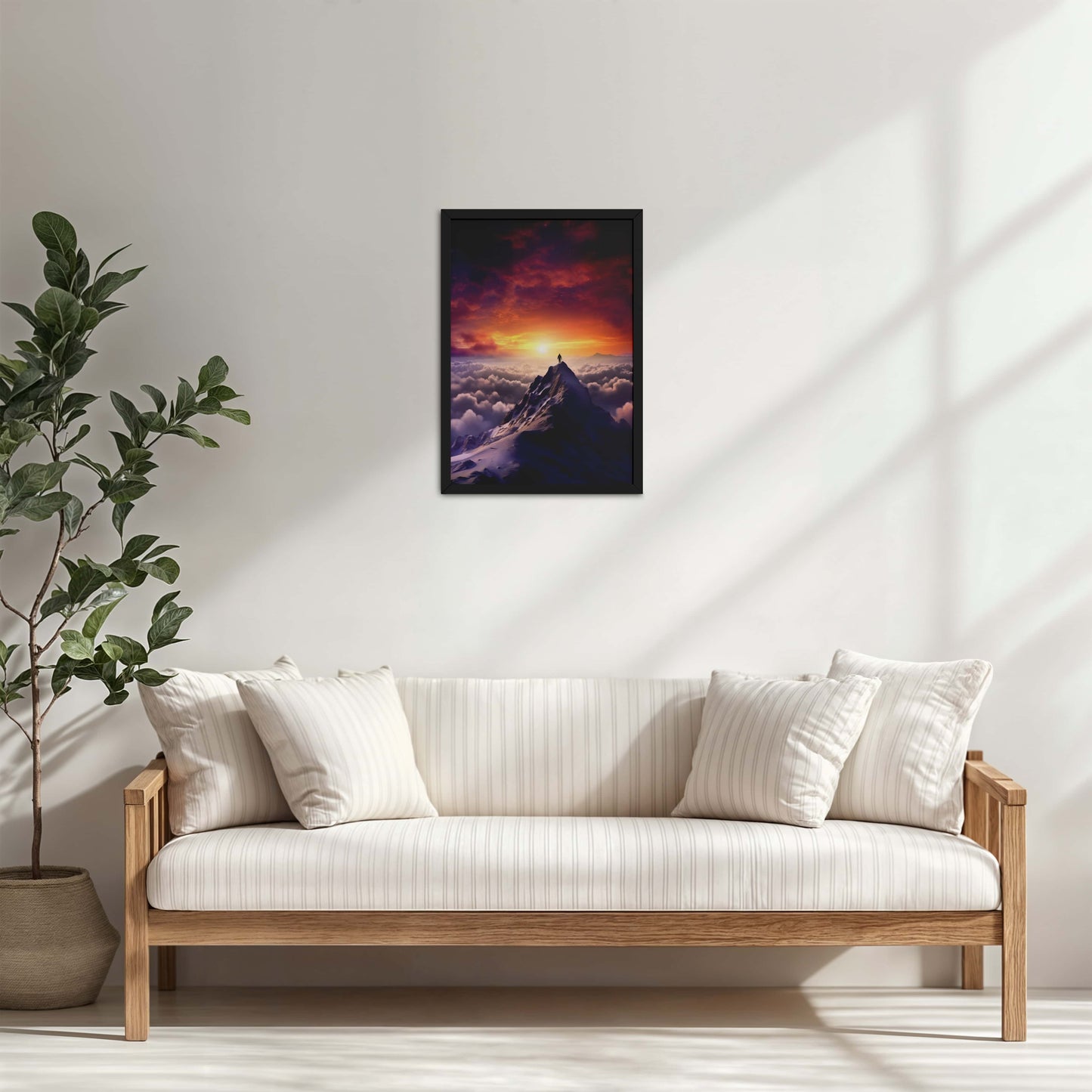 Living Room Cabinet Table Preview of Man Standing on Mountain Peak Wall Art Frame in Black Color Frame