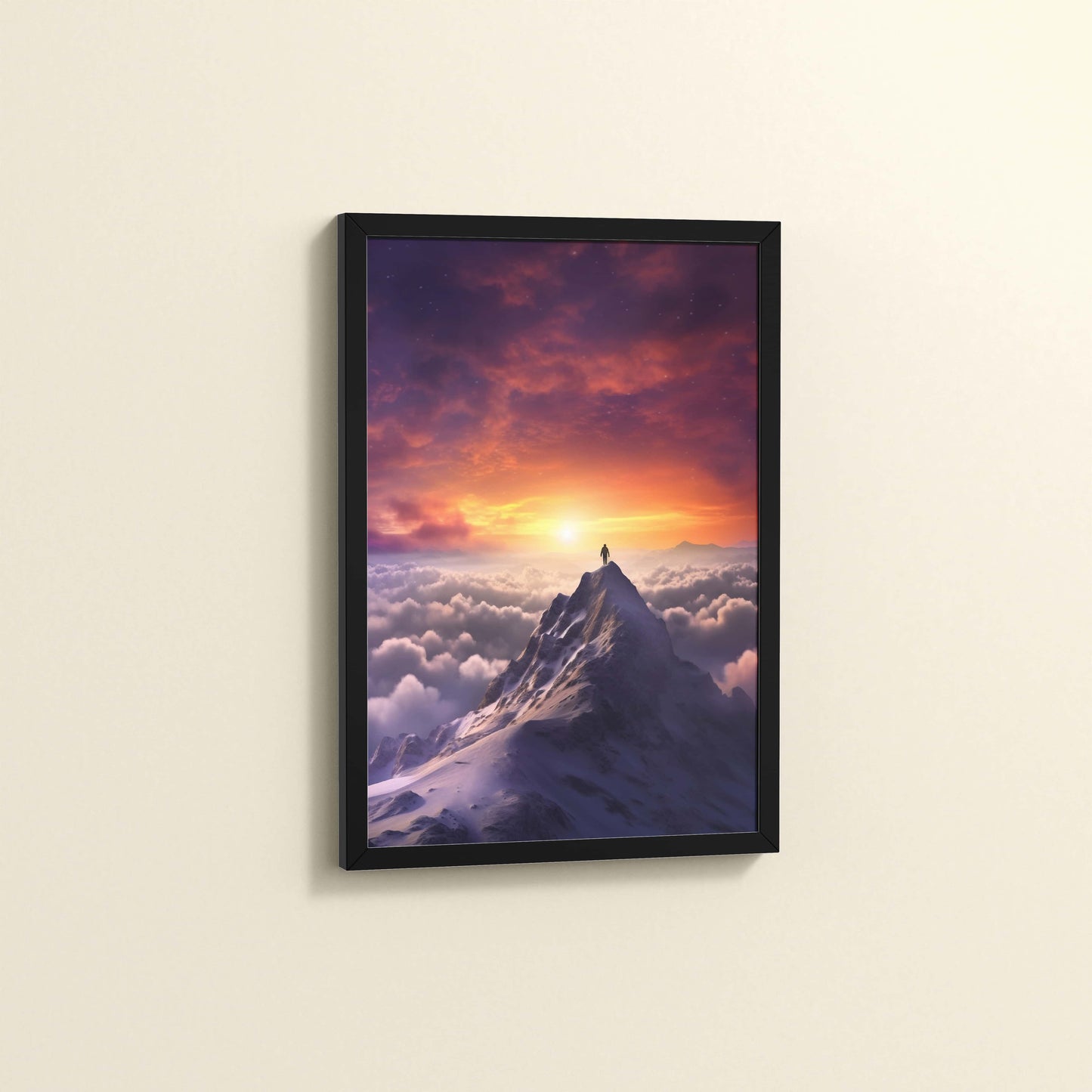 Side View of Man Standing on Mountain Peak Wall Art Frame in Black Color Frame