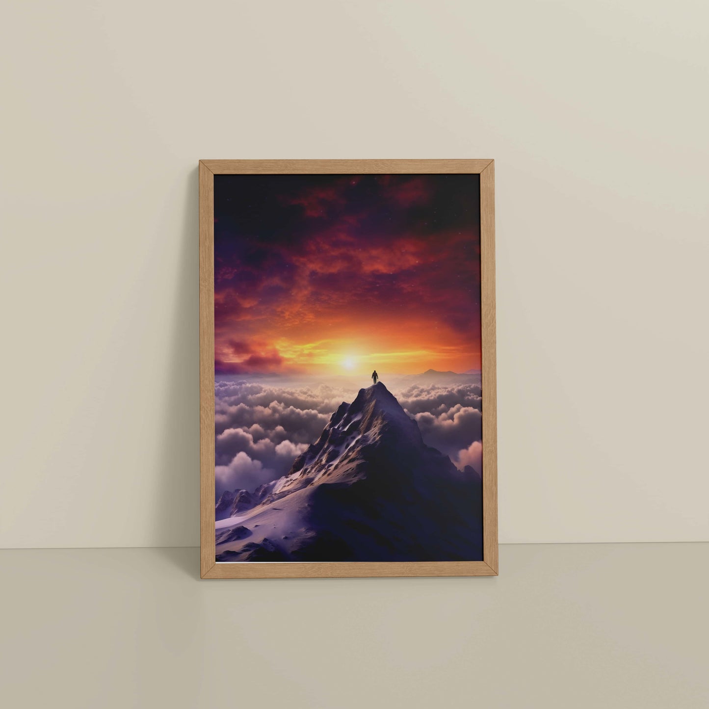 Floor View of Man Standing on Mountain Peak Wall Art Frame in Natrual Color Frame