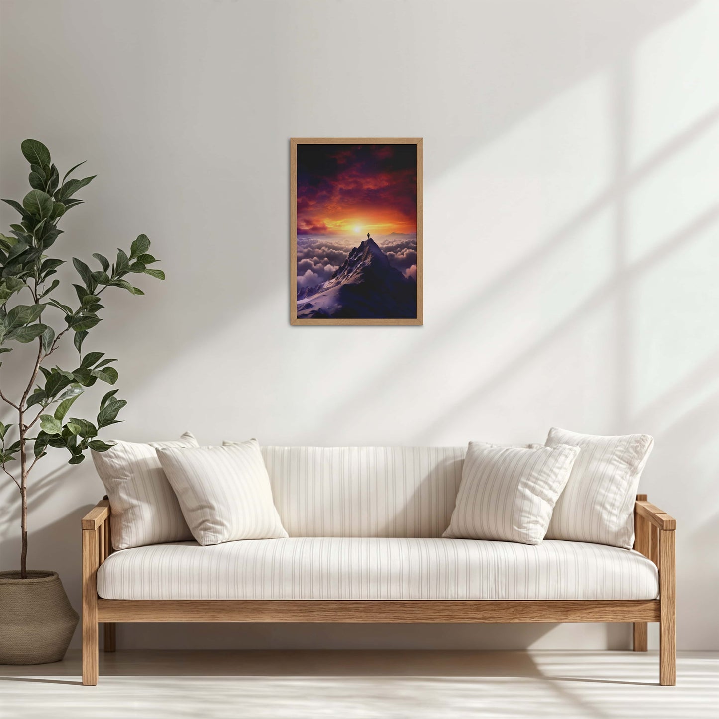 Living Room Cabinet Table Preview of Man Standing on Mountain Peak Wall Art Frame in Natrual Color Frame
