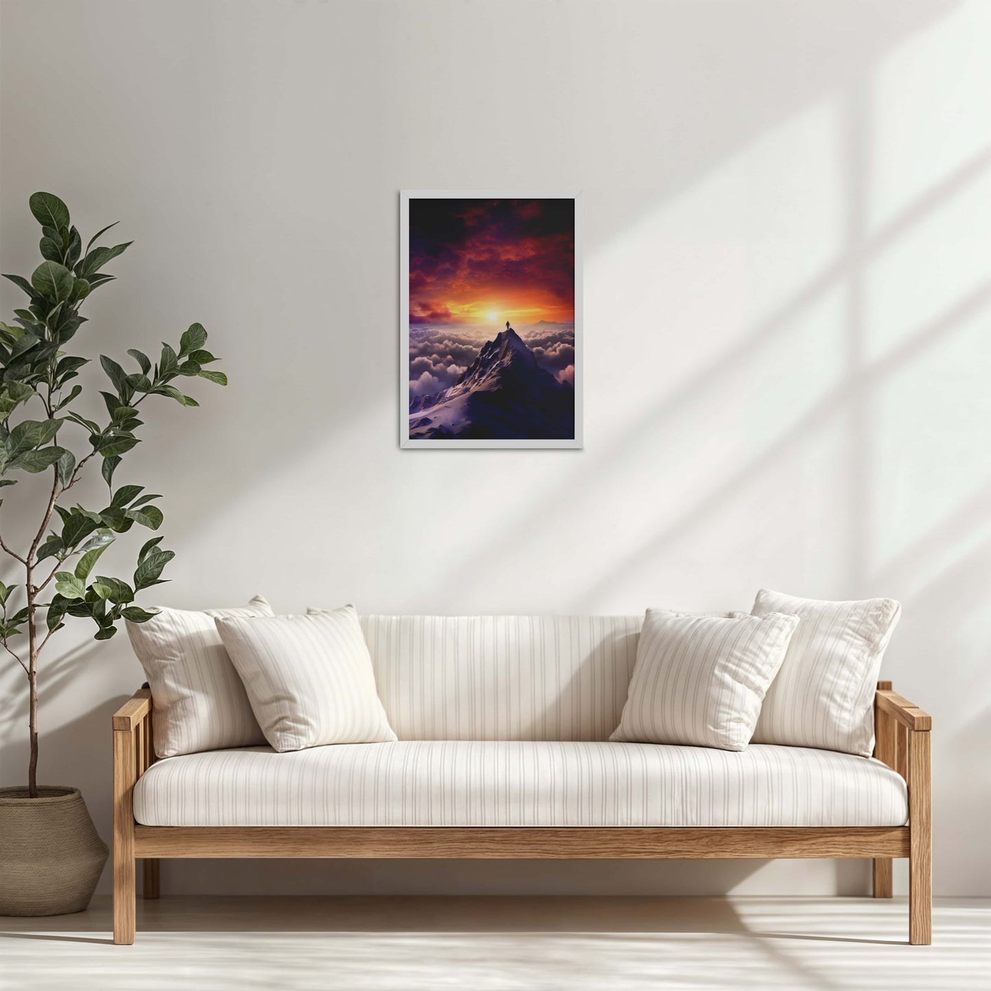 Living Room Cabinet Table Preview of Man Standing on Mountain Peak Wall Art Frame in White Color Frame
