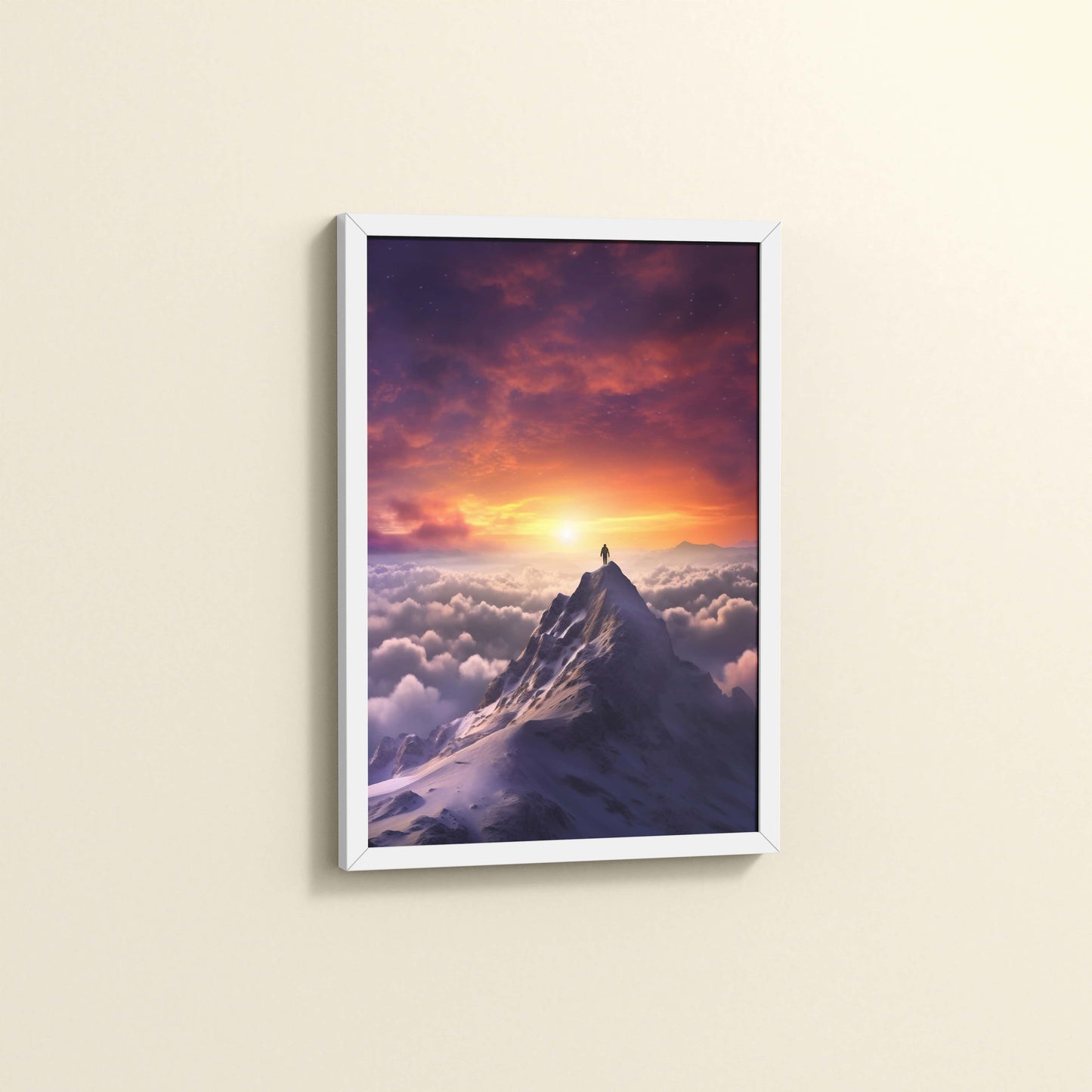 Side View of Man Standing on Mountain Peak Wall Art Frame in White Color Frame