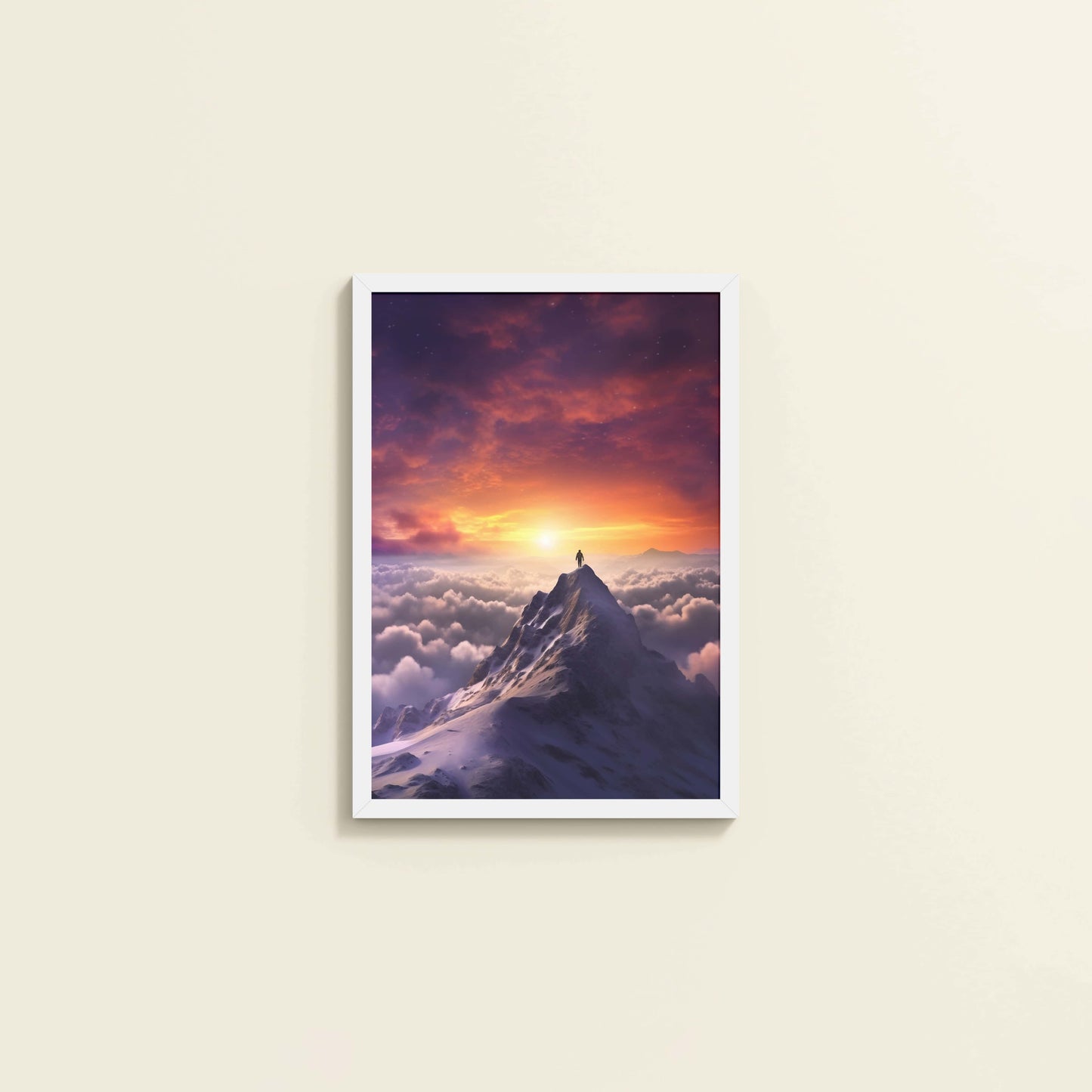 Wall View of Man Standing on Mountain Peak Wall Art Frame in White Color Frame