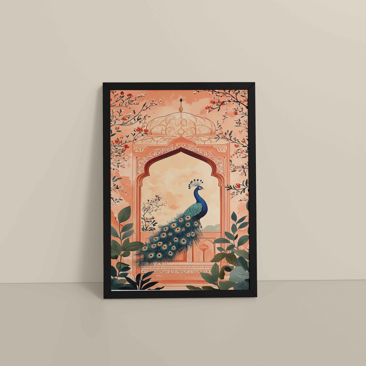 Floor View of Graceful Peacock in Mughal Art – Traditional Wall Decor Painting in Black Color Frame
