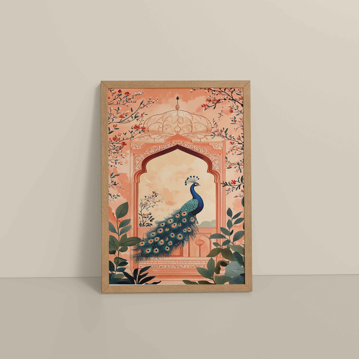Floor View of Graceful Peacock in Mughal Art – Traditional Wall Decor Painting in Natrual Color Frame