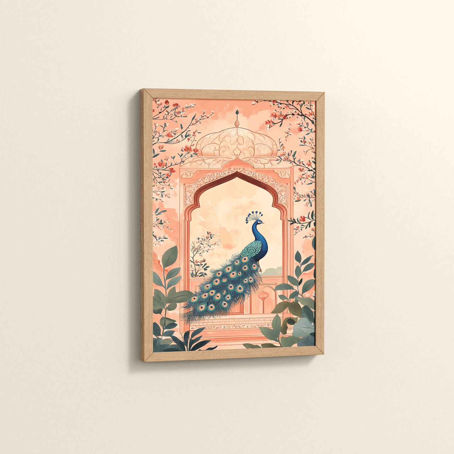 Side View of Graceful Peacock in Mughal Art – Traditional Wall Decor Painting in Natrual Color Frame