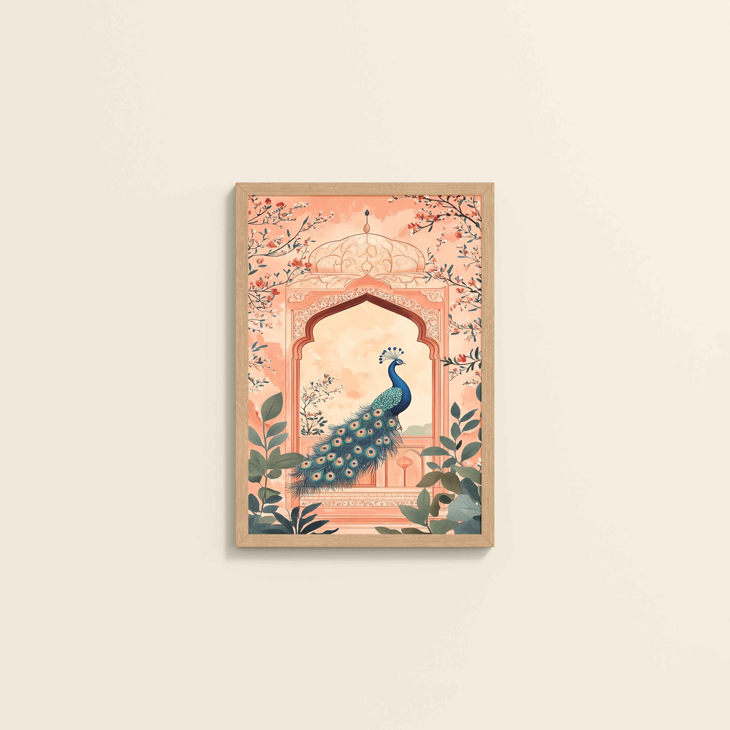 Wall View of Graceful Peacock in Mughal Art – Traditional Wall Decor Painting in Natrual Color Frame