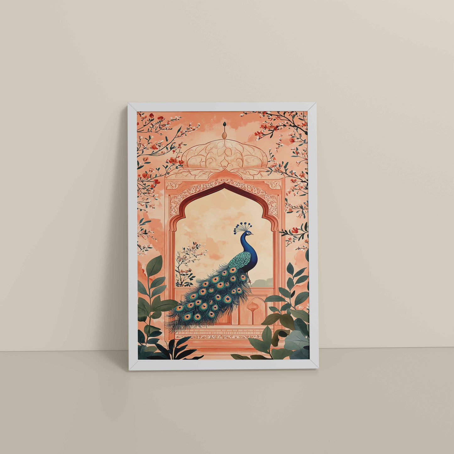 Floor View of Graceful Peacock in Mughal Art – Traditional Wall Decor Painting in White Color Frame