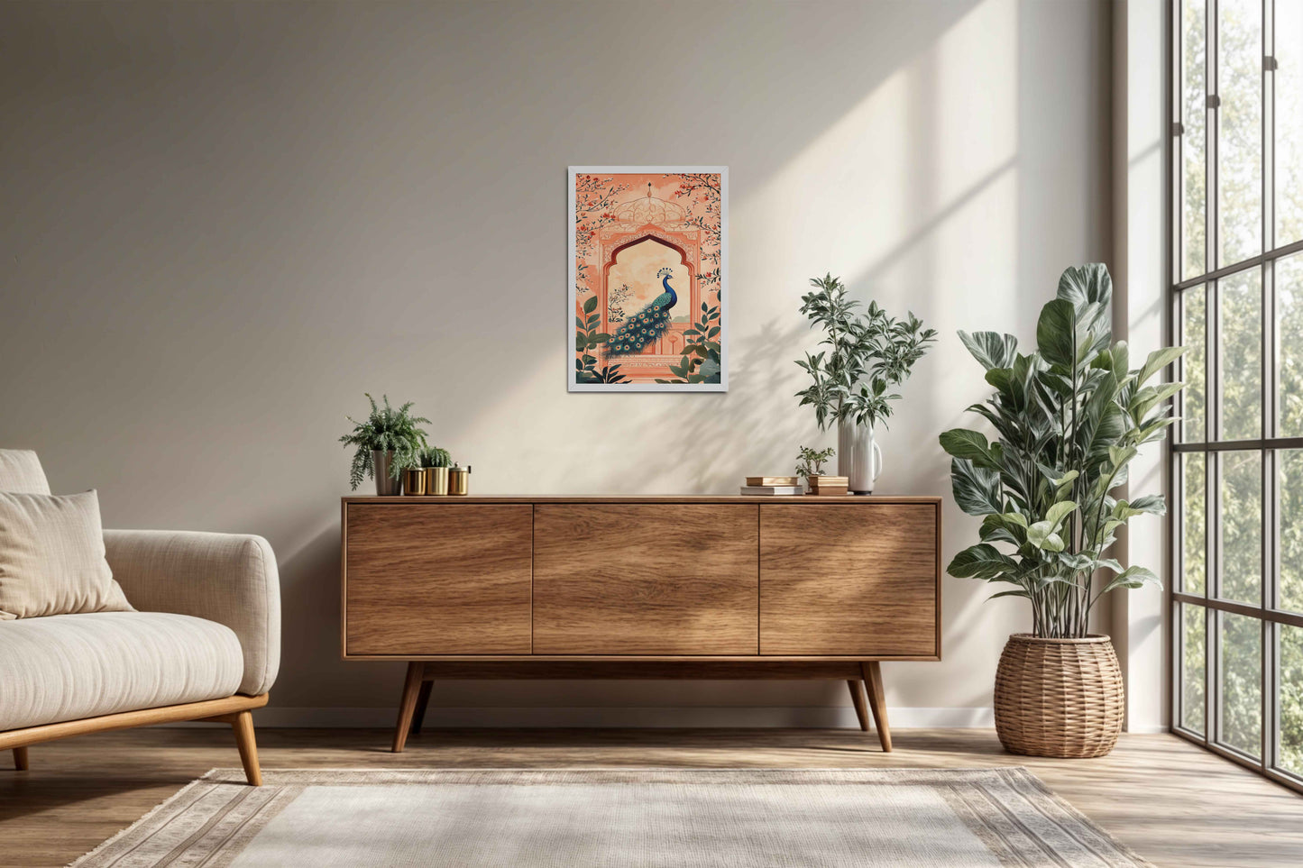 Living Room Cabinet Preview of Graceful Peacock in Mughal Art – Traditional Wall Decor Painting in White Color Frame