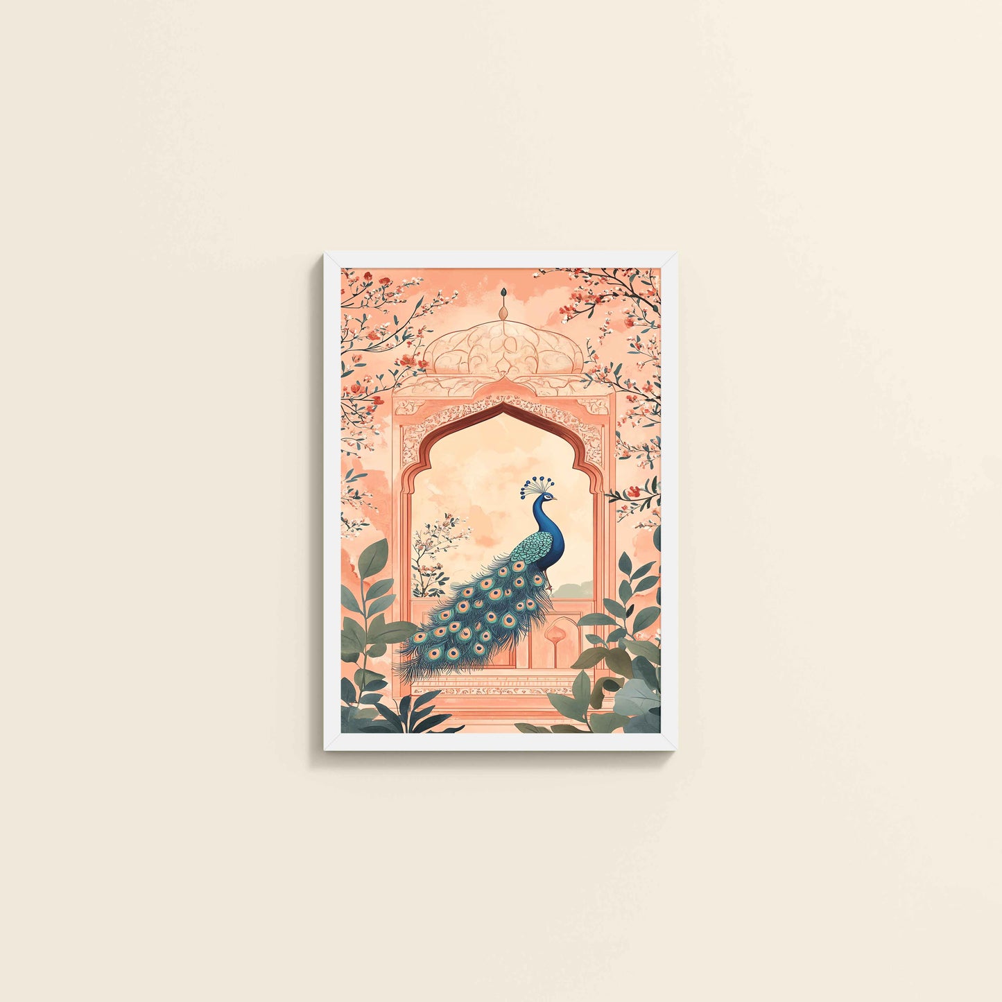 Wall View of Graceful Peacock in Mughal Art – Traditional Wall Decor Painting in White Color Frame