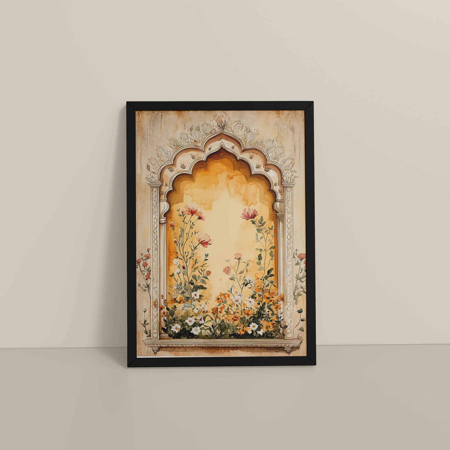 Floor View of Mughal Garden Bloom – Floral Wall Art Frame in Black Color Frame