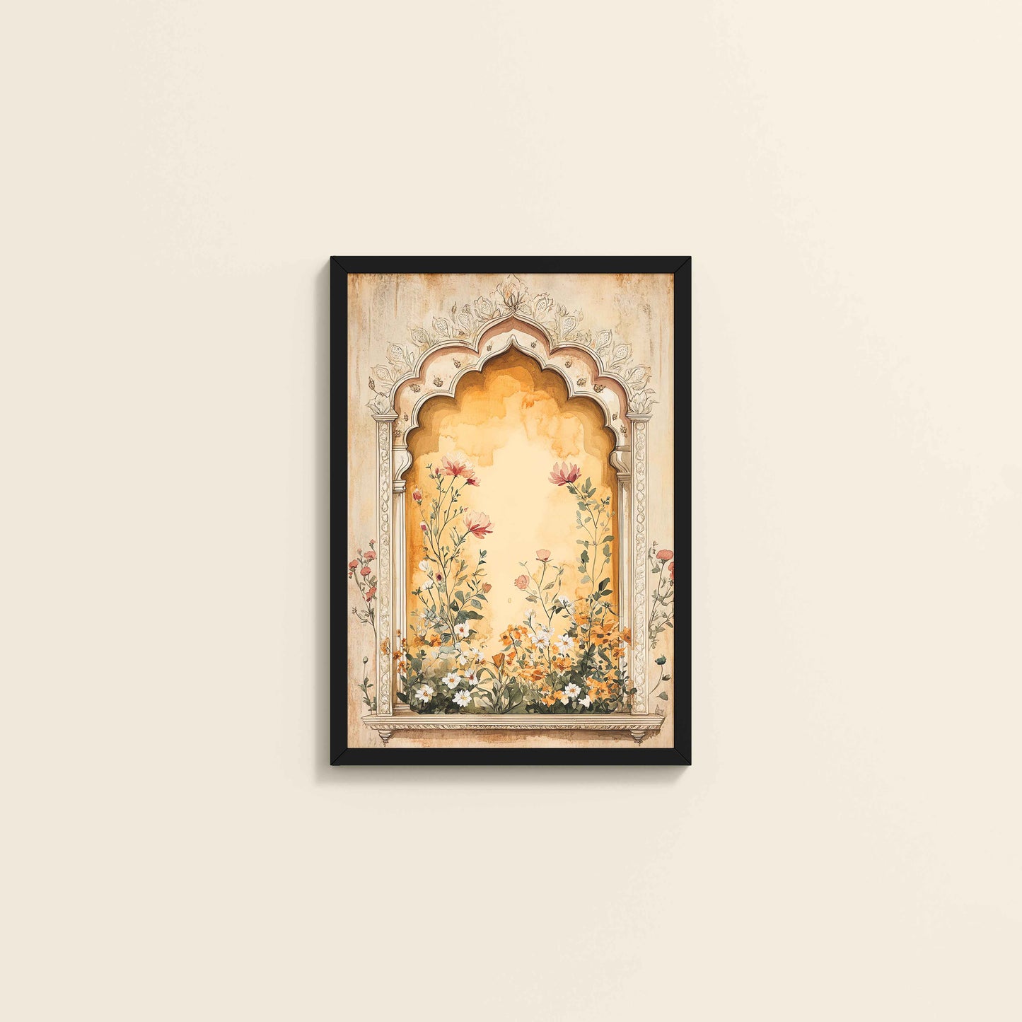 Wall View of Mughal Garden Bloom – Floral Wall Art Frame in Black Color Frame