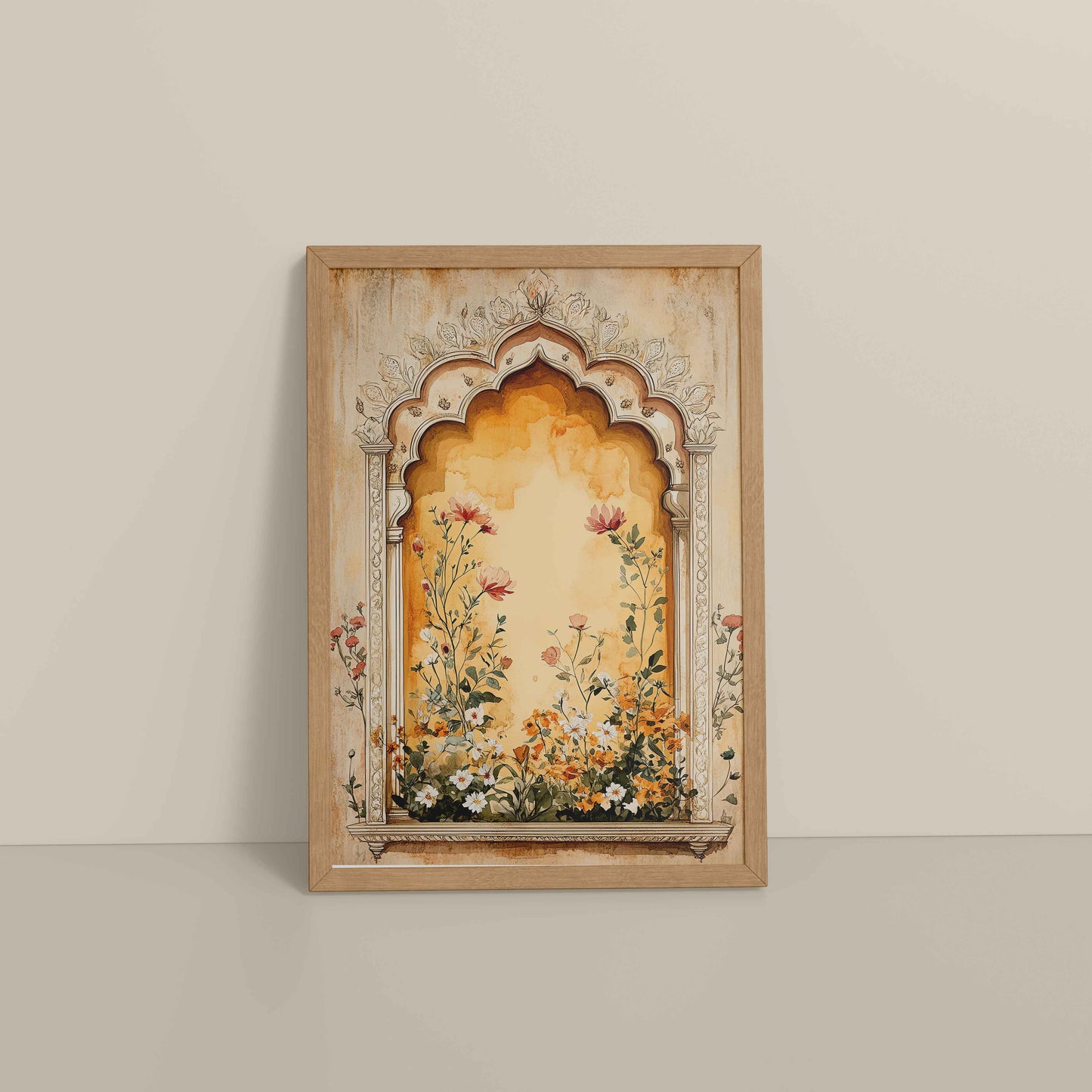 Floor View of Mughal Garden Bloom – Floral Wall Art Frame in Natrual Color Frame