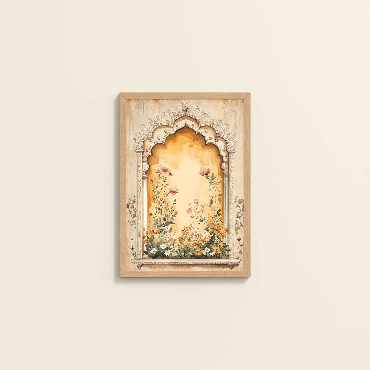 Wall View of Mughal Garden Bloom – Floral Wall Art Frame in Natrual Color Frame