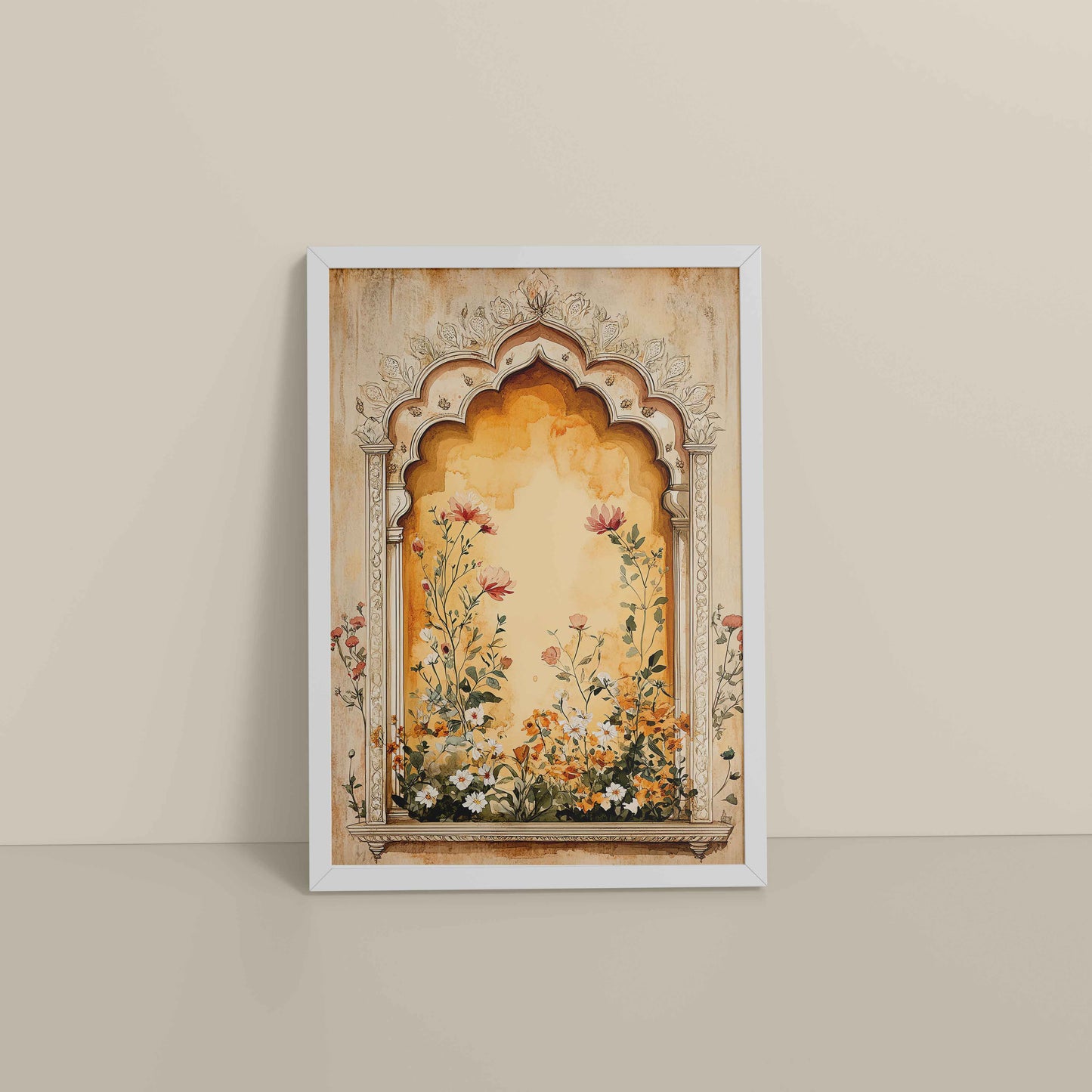 Floor View of Mughal Garden Bloom – Floral Wall Art Frame in White Color Frame