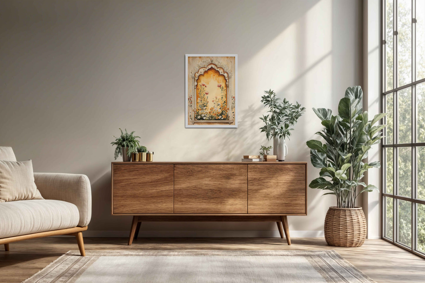Living Room Cabinet Preview of Mughal Garden Bloom – Floral Wall Art Frame in White Color Frame