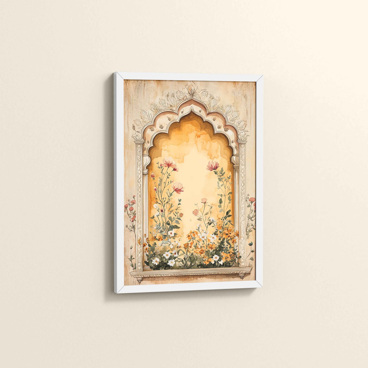 Side View of Mughal Garden Bloom – Floral Wall Art Frame in White Color Frame