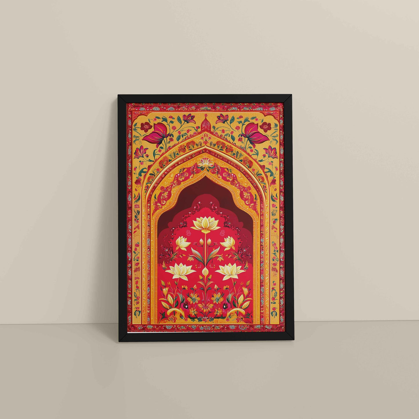 Floor View of Golden Arch & Lotus Motif – Mughal-Inspired Wall Decor in Black Color Frame
