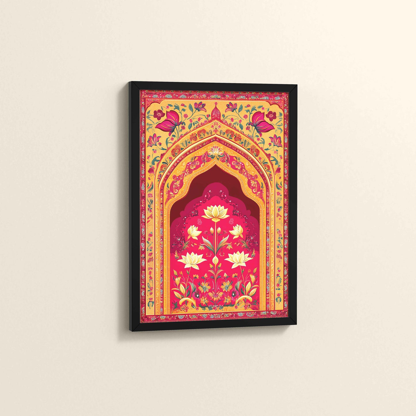 Side View of Golden Arch & Lotus Motif – Mughal-Inspired Wall Decor in Black Color Frame