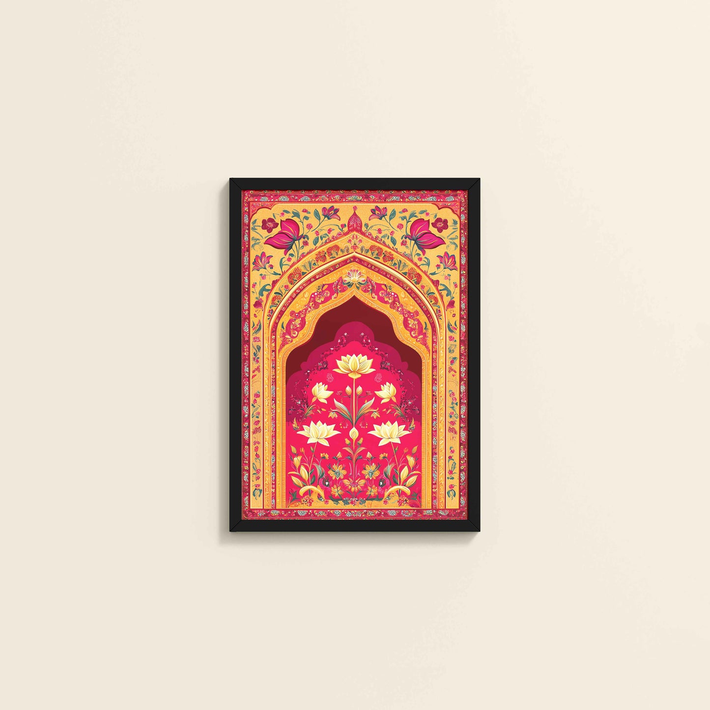 Wall View of Golden Arch & Lotus Motif – Mughal-Inspired Wall Decor in Black Color Frame
