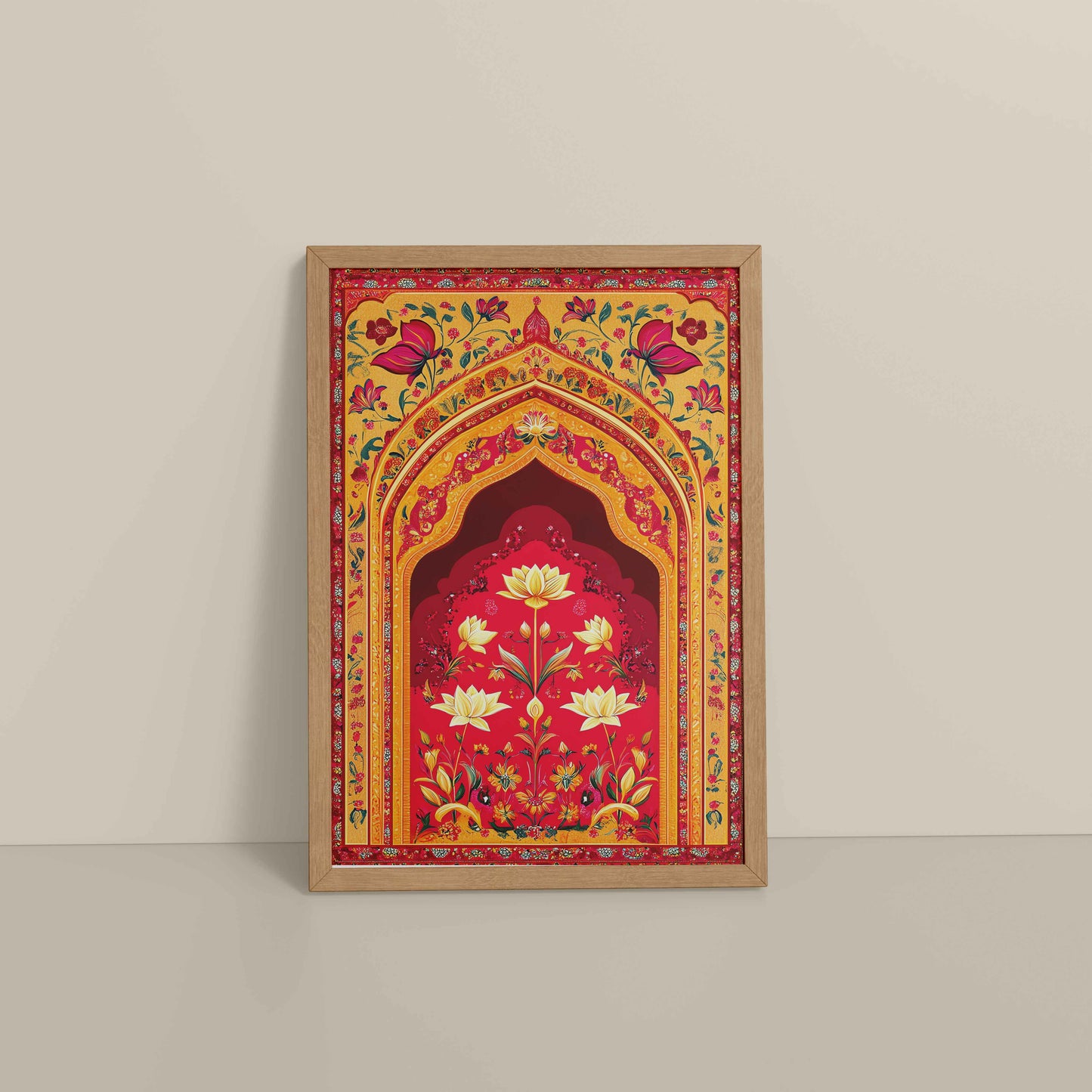 Floor View of Golden Arch & Lotus Motif – Mughal-Inspired Wall Decor in Natrual Color Frame